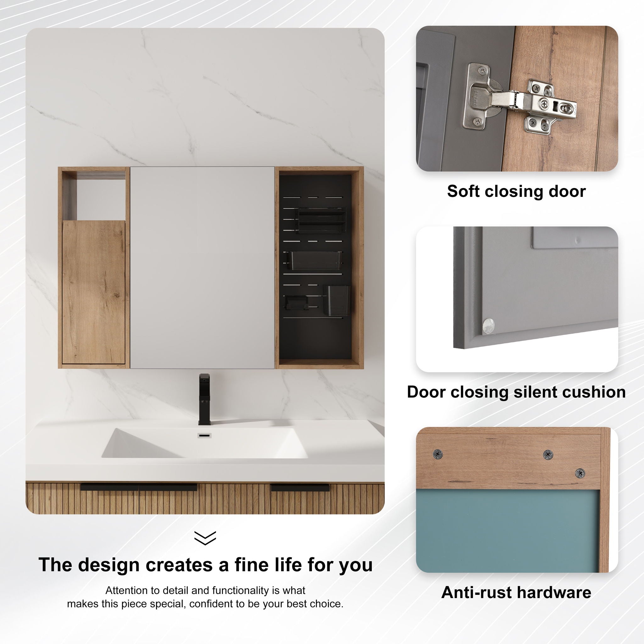 Wall Mounted Bathroom Mirror Cabinet With Soft Close Door, Storage Cabinet - Imitative Oak