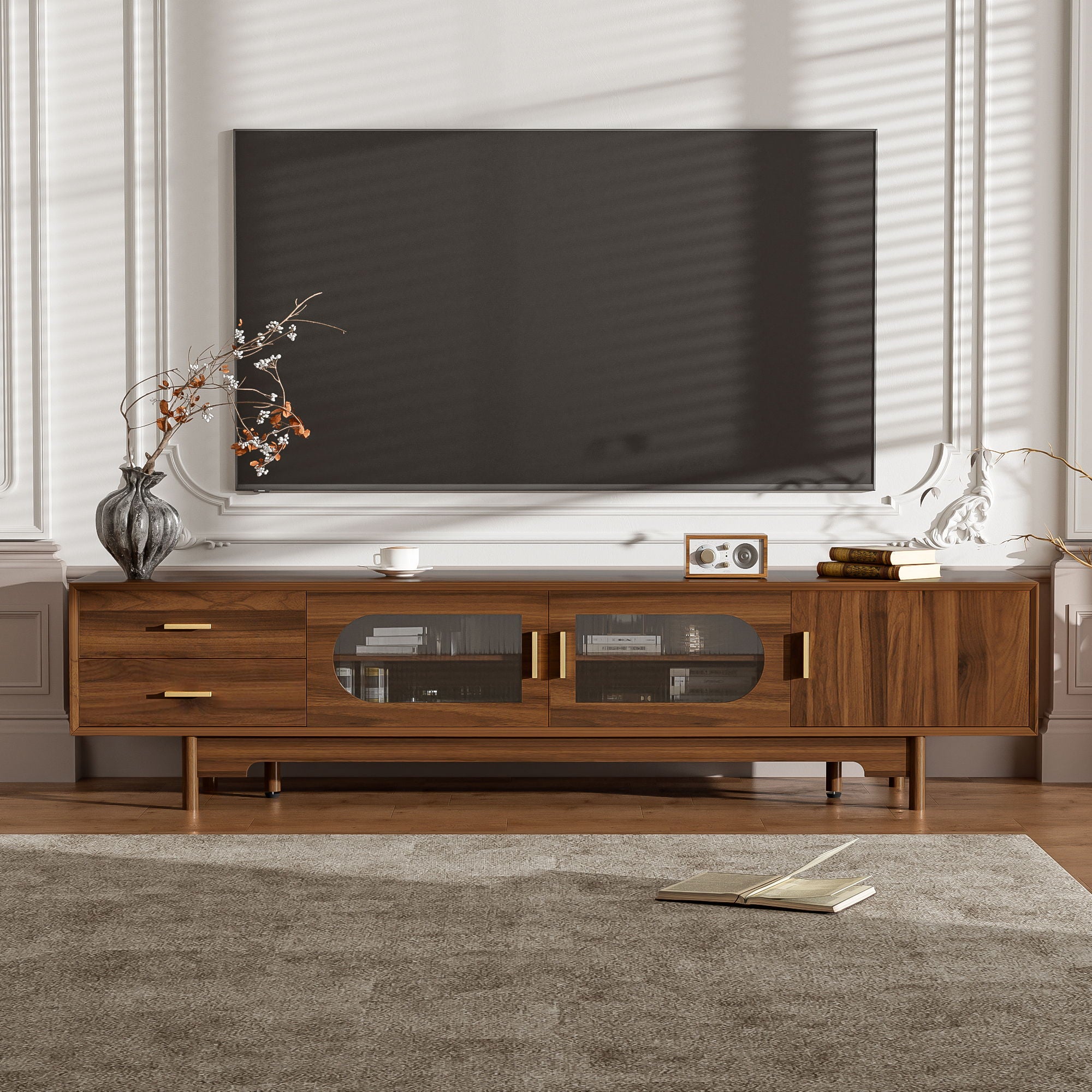 Modern TV Stand With Fluted Glass Doors & 2 Drawers