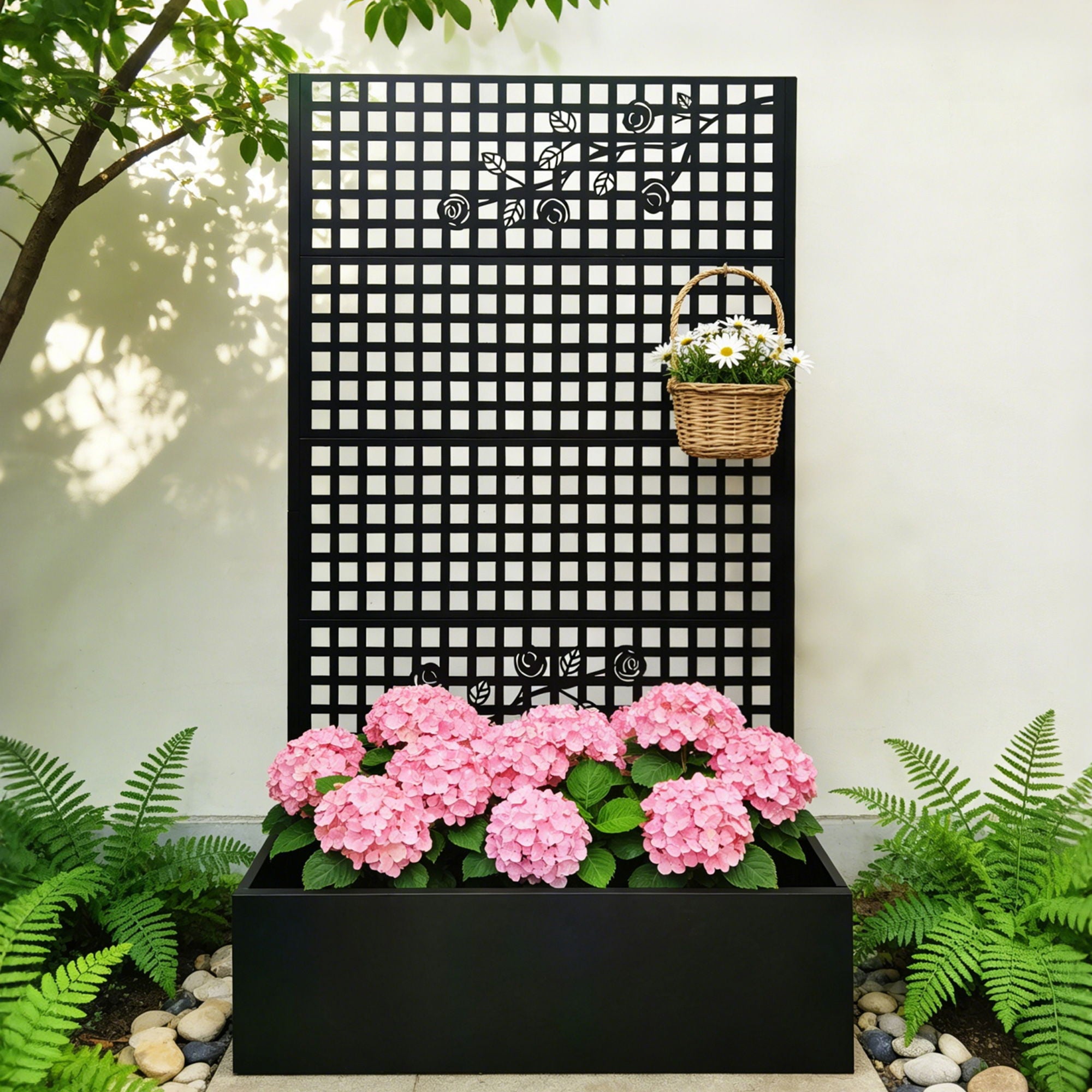 Planter Box With Trellis, Outdoor Raised Garden Bed With Privacy Screen Lattice Panels For Patio - Black