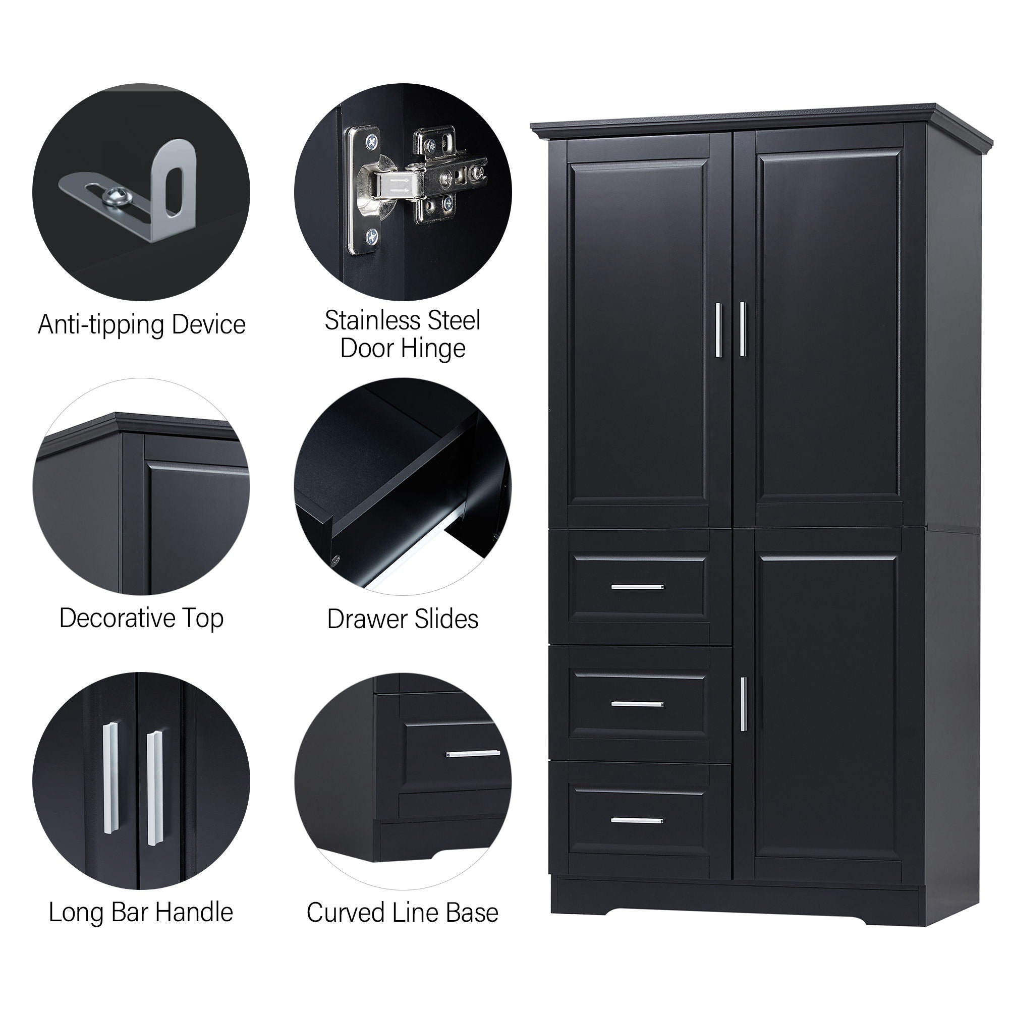 Tall And Wide Storage Cabinet With Doors, 3 Drawers