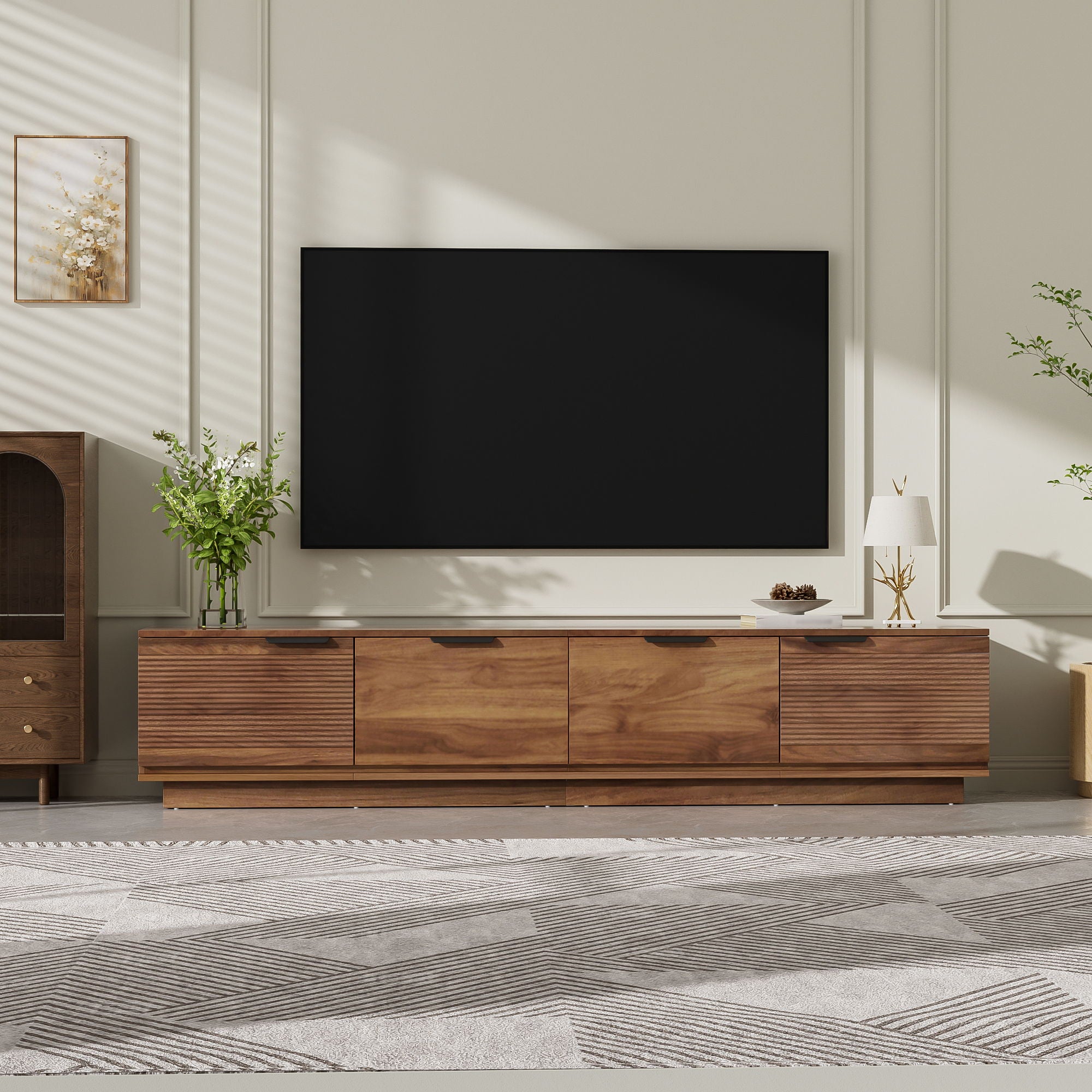 TV Stand, Entertainment Center & Fluted Door & Cable Management, Soft Closing Hinges - Walnut