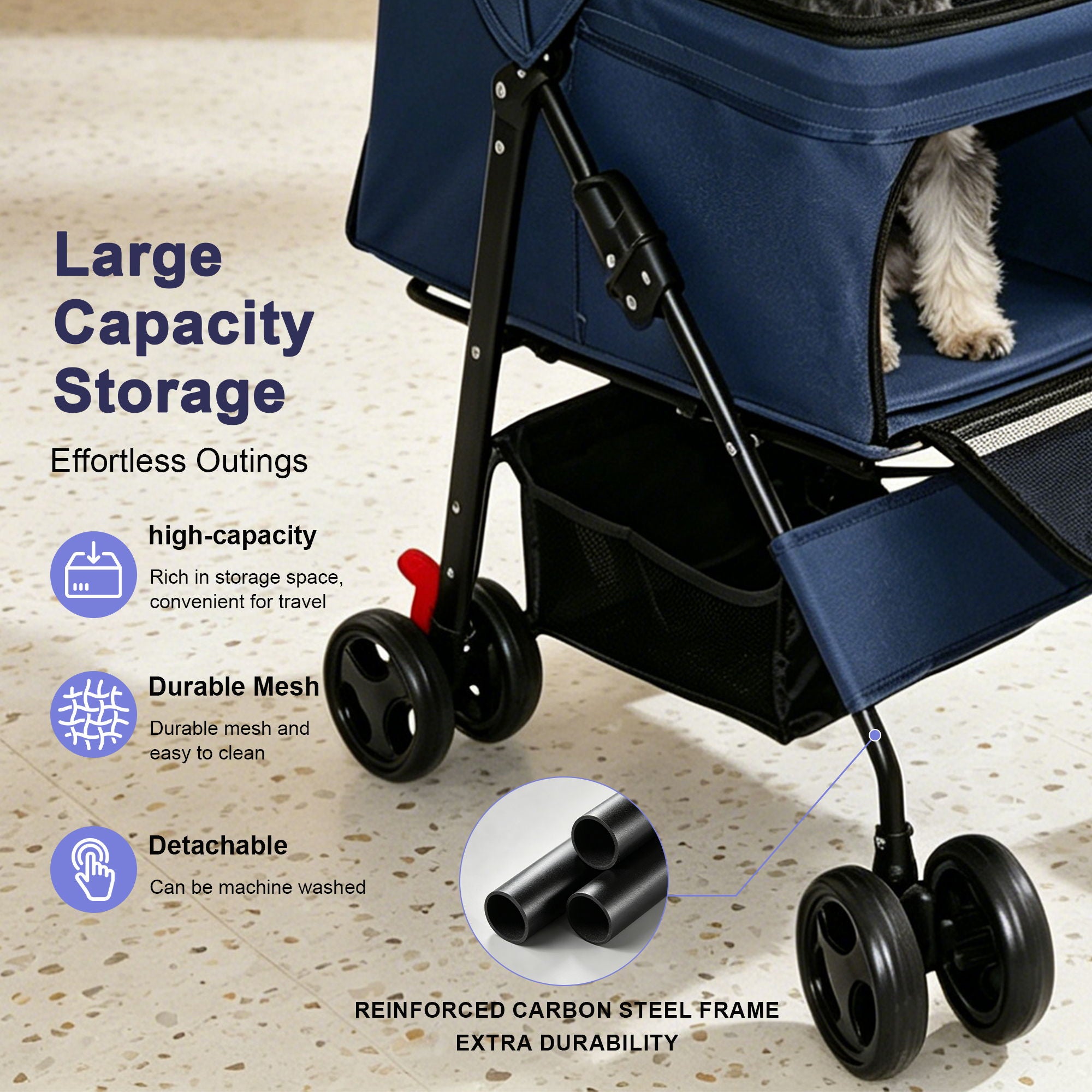 Foldable Pet Stroller For Small Dogs And Cats With Multi Functional Tray