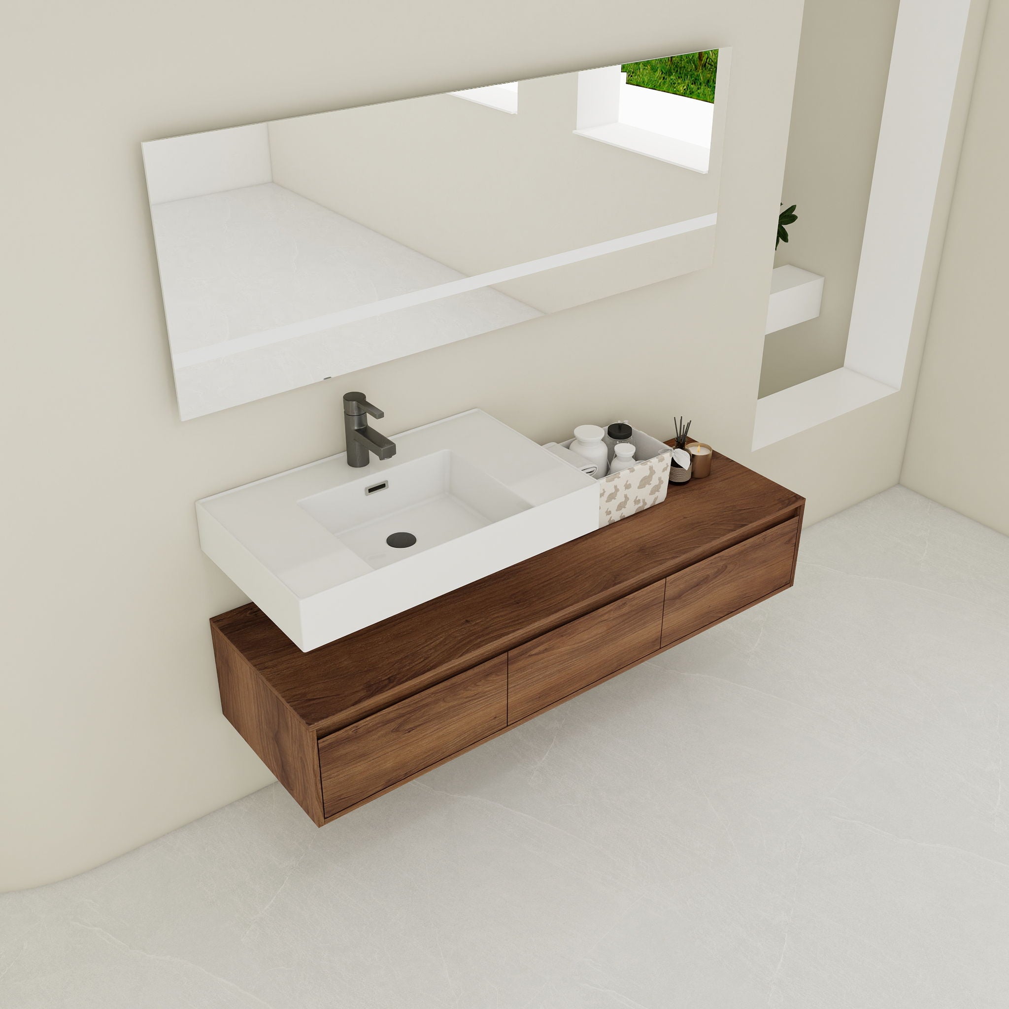 Modern Wall Mounted Bathroom Vanity With Resin Sink And Soft Close Drawer - Brown Ebony