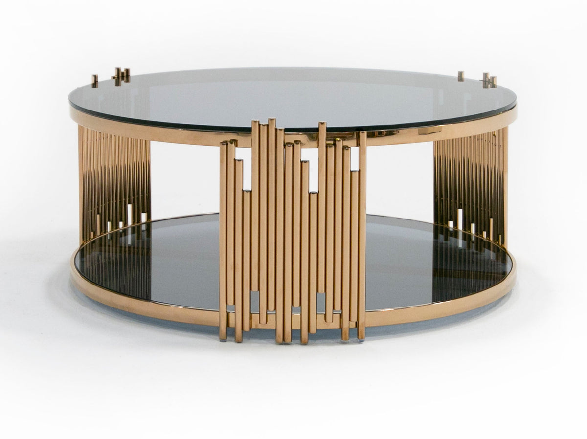 Bryce Modern Smoked Glass & Rosegold Round Coffee Table