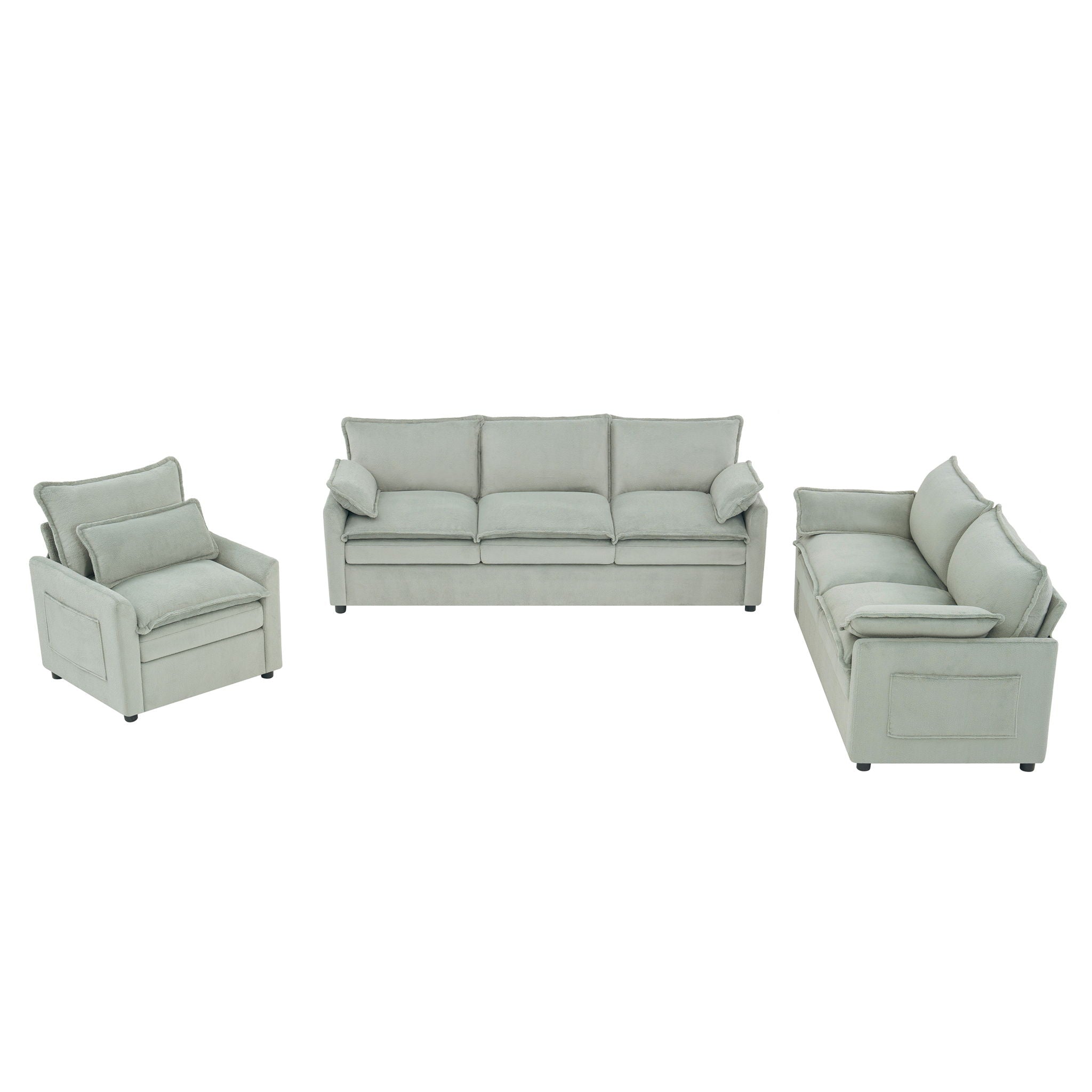 Modern Sofa Set With Double Layer Cushion And Side Storage Pockets