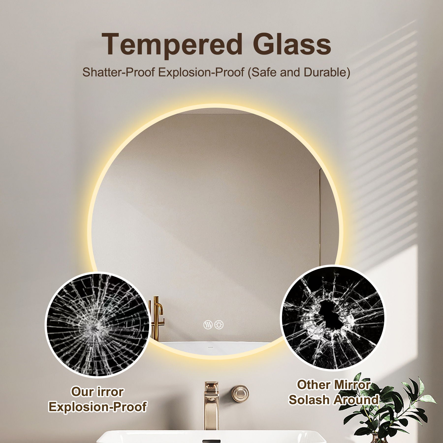 Round LED Bathroom Mirror With Adjustable Lights, Anti Fog & Dimmable For Home Decor - Silver