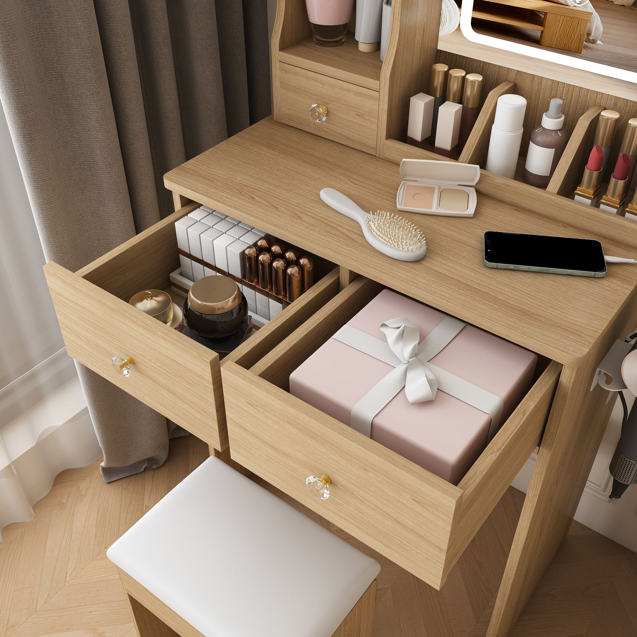Small Vanity Desk With 3 LED Lighting Modes, 3 Drawers, Hair Dryer Holder, Power Socket, And Dressing Chair - Natural Walnut
