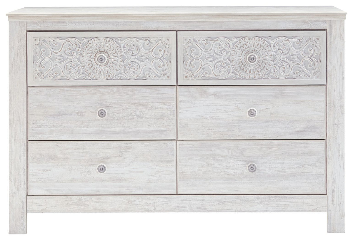 Paxberry - Six Drawer Dresser - Medallion Drawer Pulls - Whitewash
