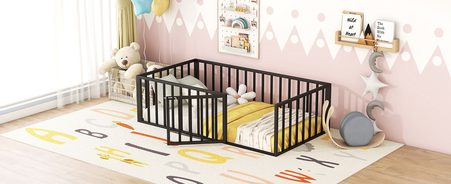 Metal Floor Bed Frame With Fence And Door