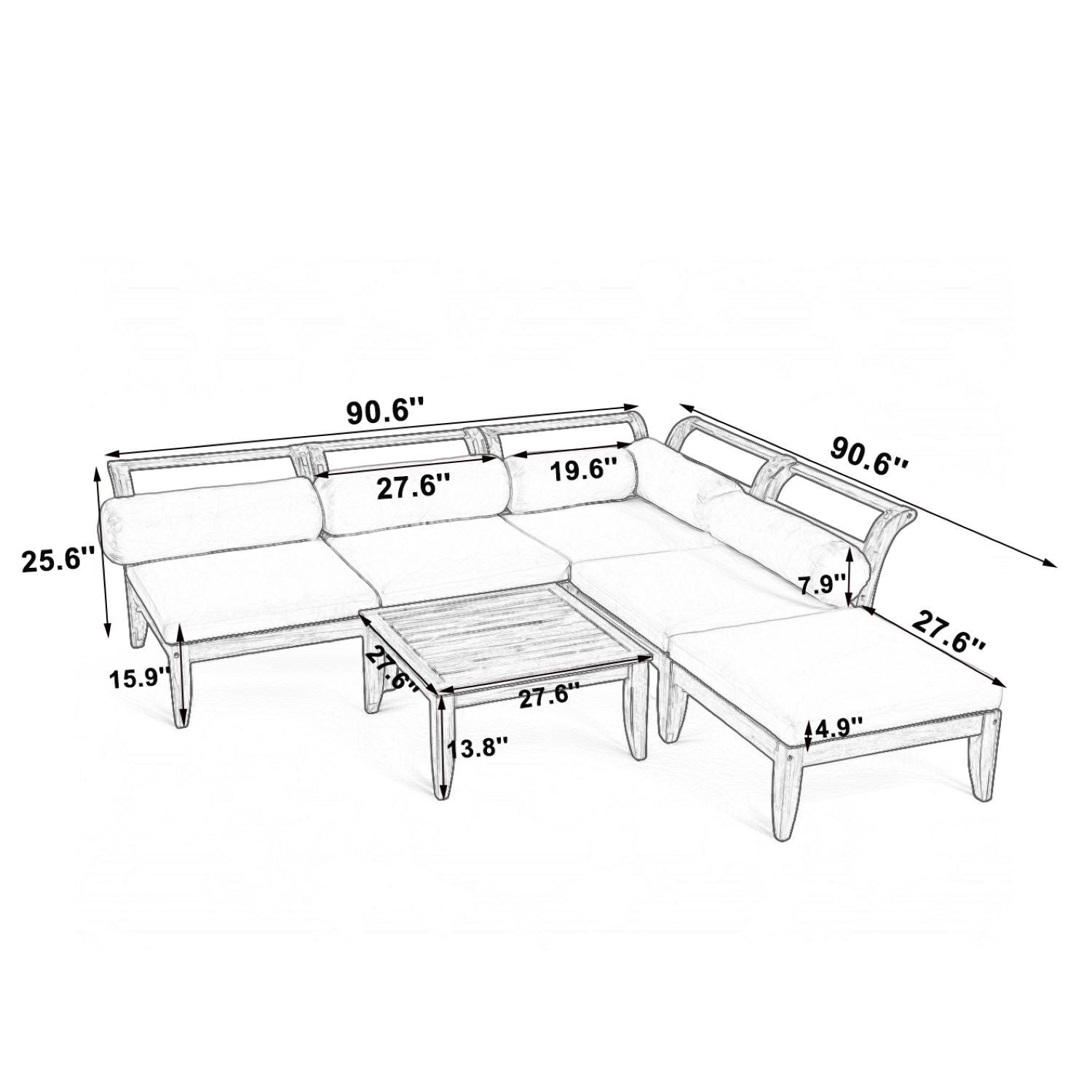 6 Piece Patio Sofa Set, Acacia Wood Outdoor Modular Sectional Garden Furniture Set L Shaped Conversation Set, Convertible Daybed With Tea Table, Ottoman, 5 Cushions And Pillows - Teak / Beige