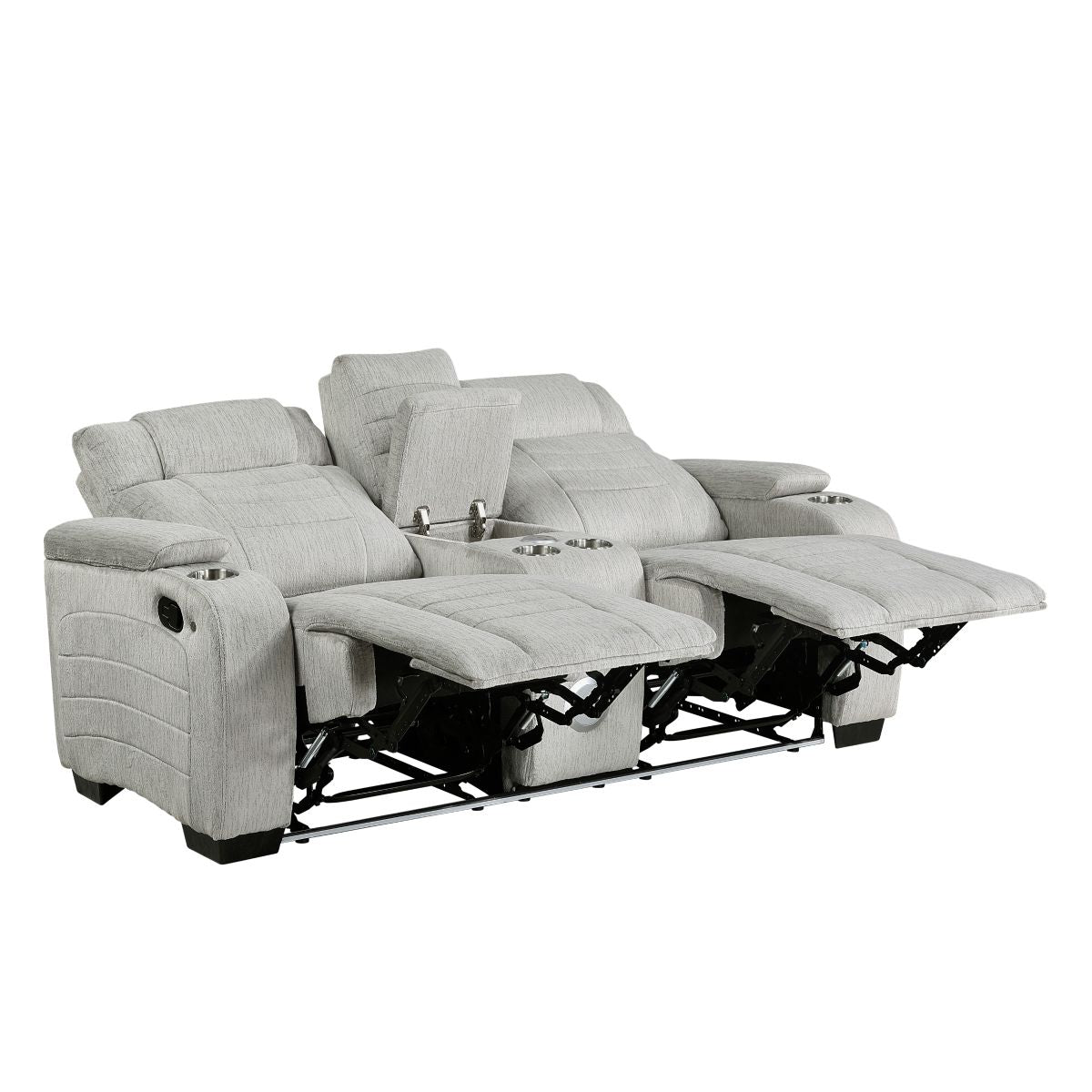 Ronan - Double Reclining Loveseat With Center Console, Wireless Speakers, Storage Arms, Cup Holders And Led - Gray