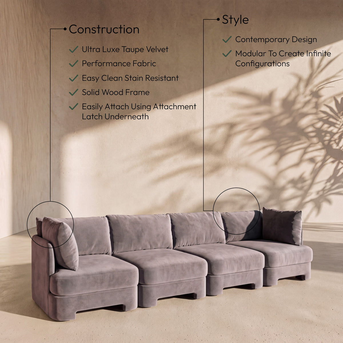 Hammond - Velvet Performance Fabric Upholstered 4 Piece Sofa
