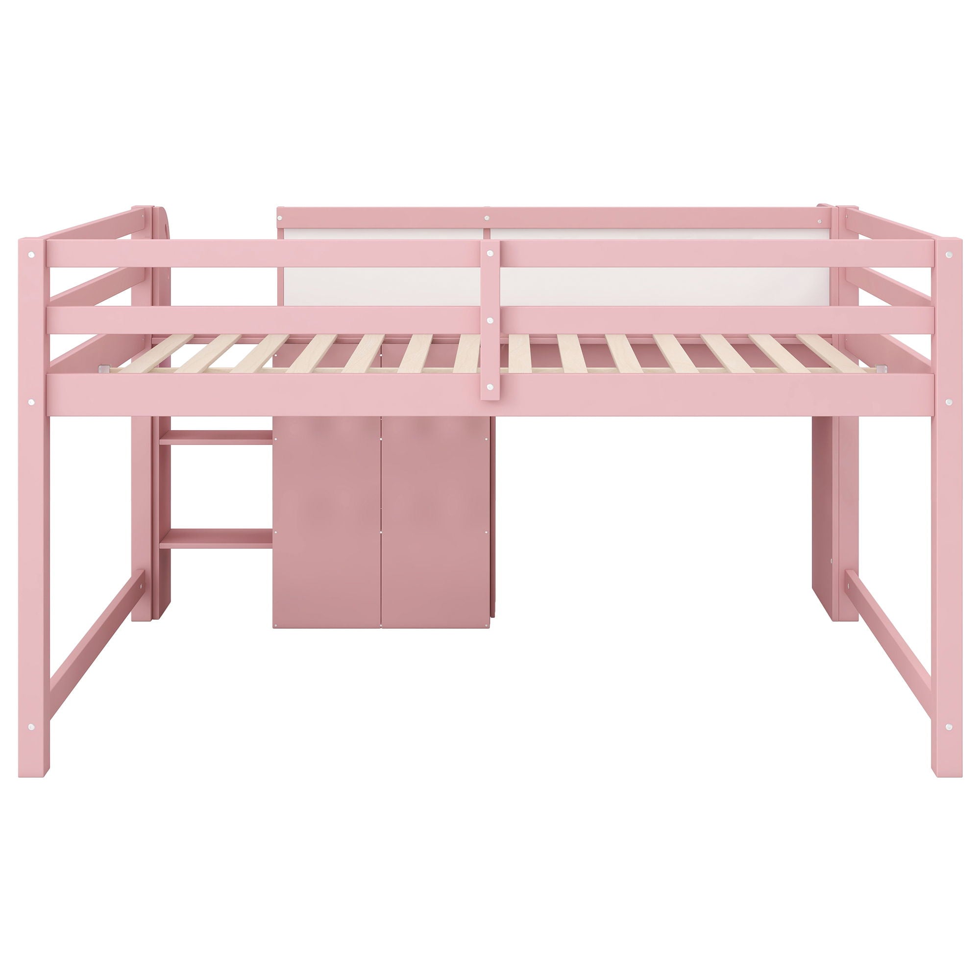 Low Loft Bed With Built In Desk, Storage Cabinets, Open Bookcase And Doodle board
