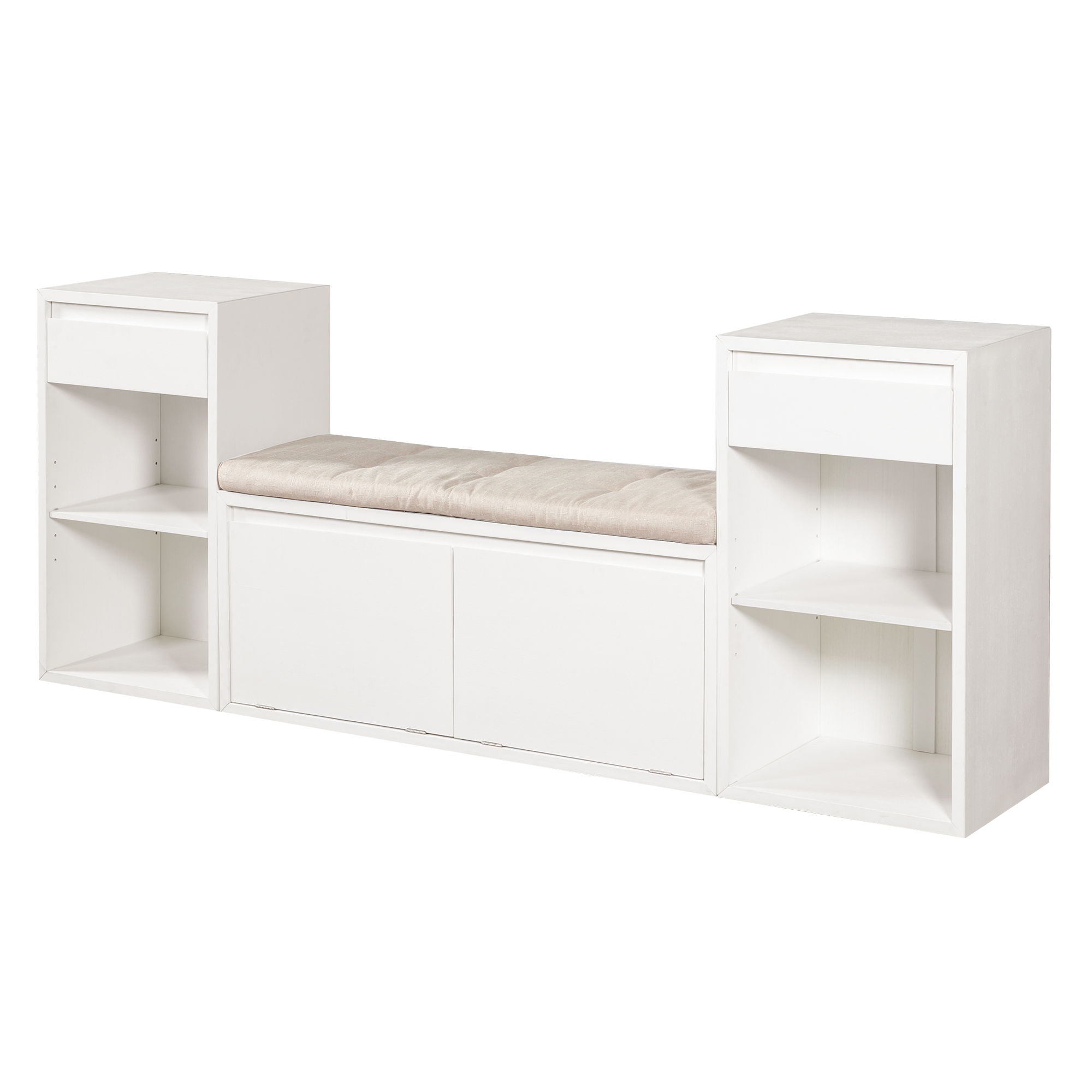 Entryway Storage Bench With Cushion, Drawers & Open Shelves