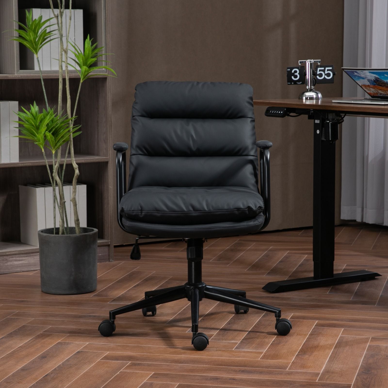 Office Chair, Mid Back Home Office Desk Task Chair With Wheels And Arms Ergonomic Computer Rolling Swivel Chair With Padded Armrest