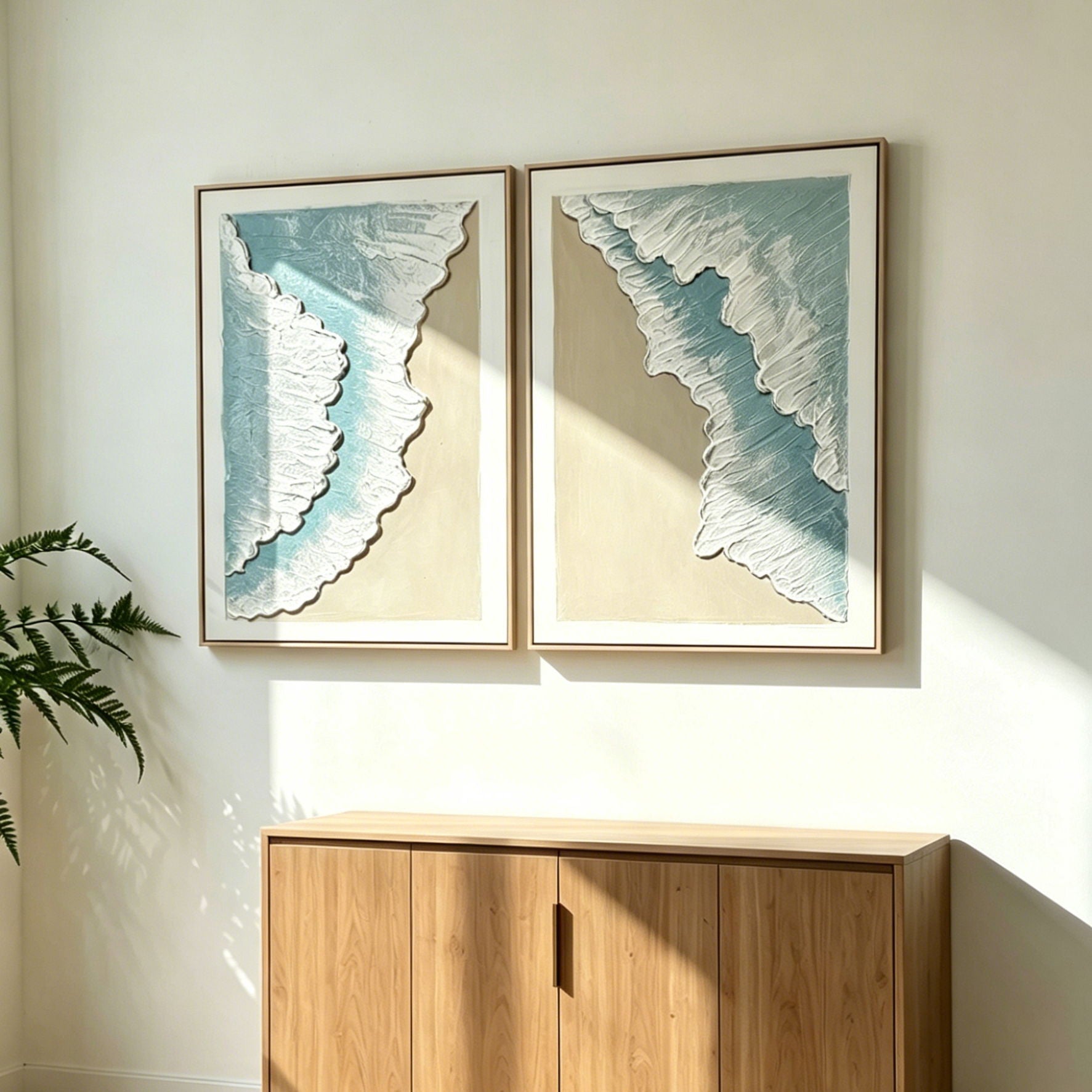 Framed Ocean Wave Wall Art, Textured Canvas Painting, Beach Decor For Living Room (Set of 2) - Aqua Blue