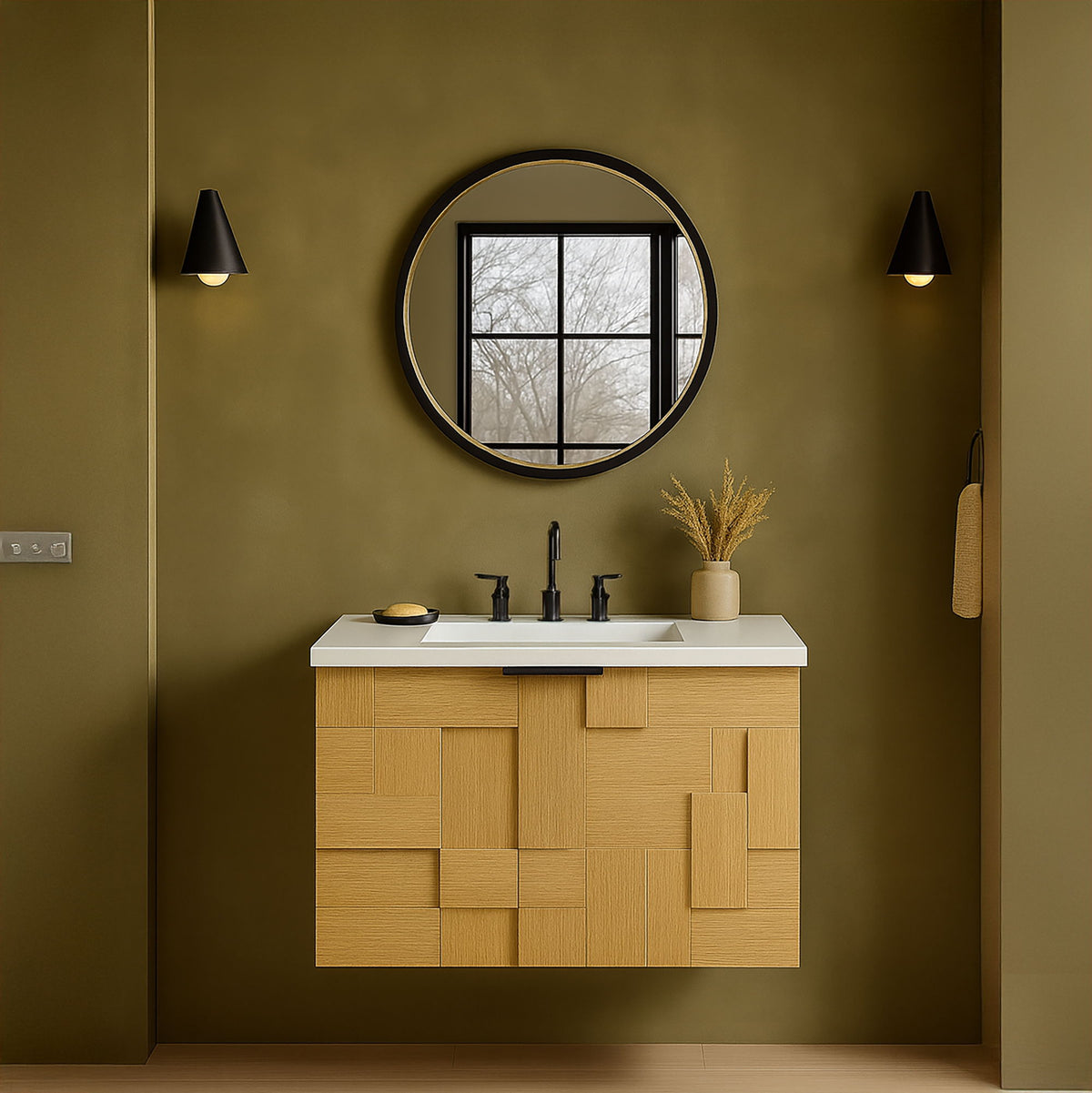 Leonardo - Engineered Stone And Solid Wood 24" Wall Mounted Bathroom Vanity