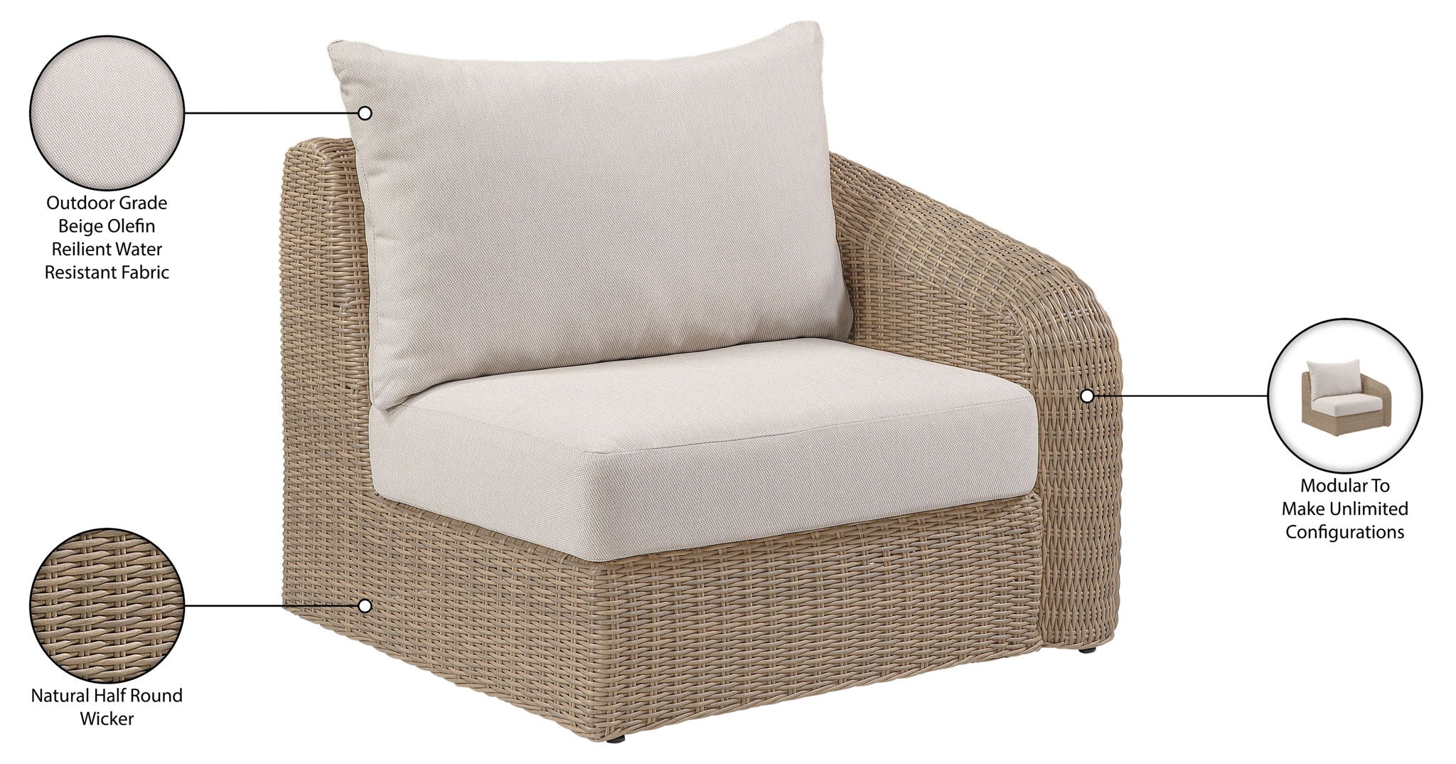 Seacrest - Olefin Water Resistant Fabric And Wicker Outdoor Patio Right Arm Chair