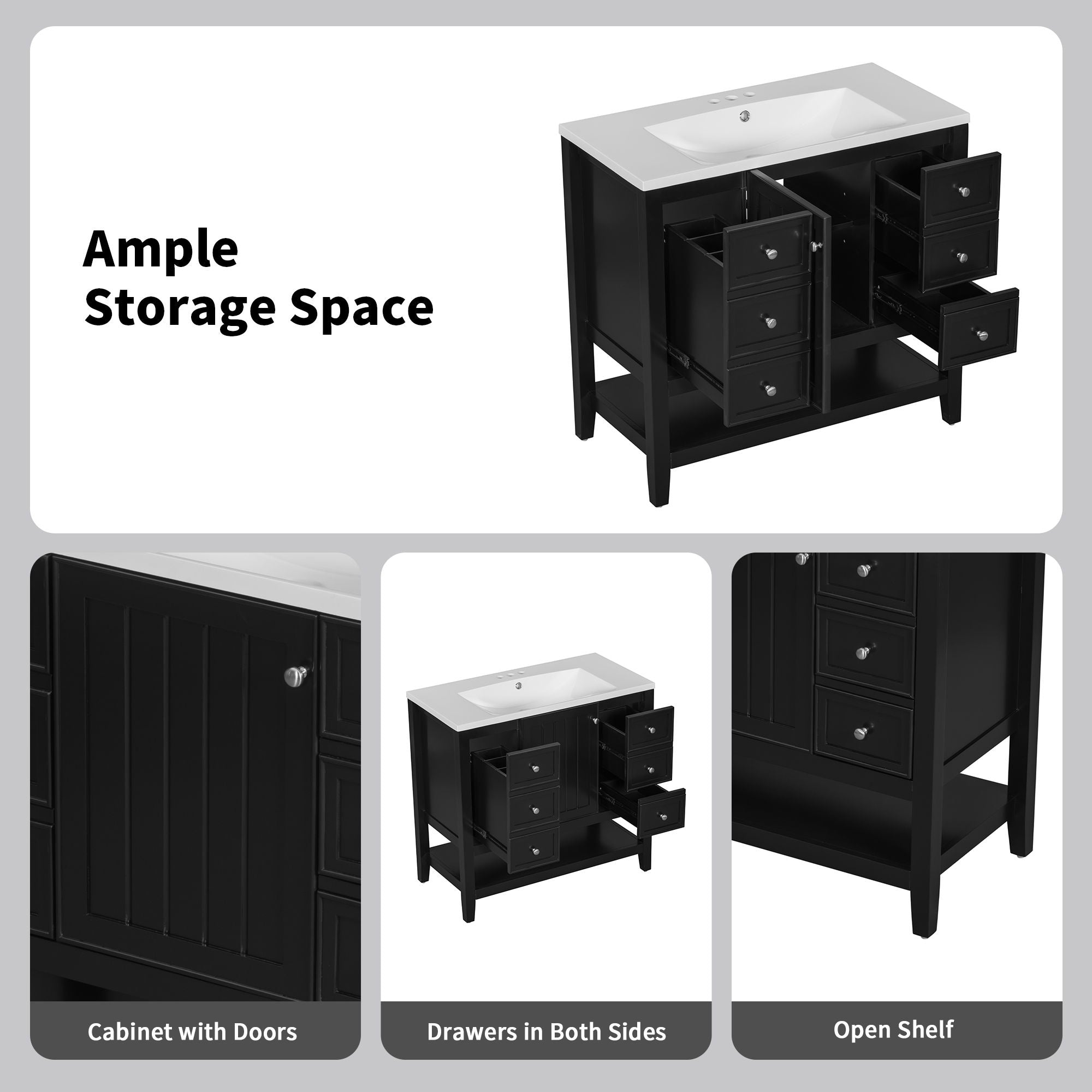 36" Bathroom Vanity Base With 2 Cabinet And 3 Drawers - Black