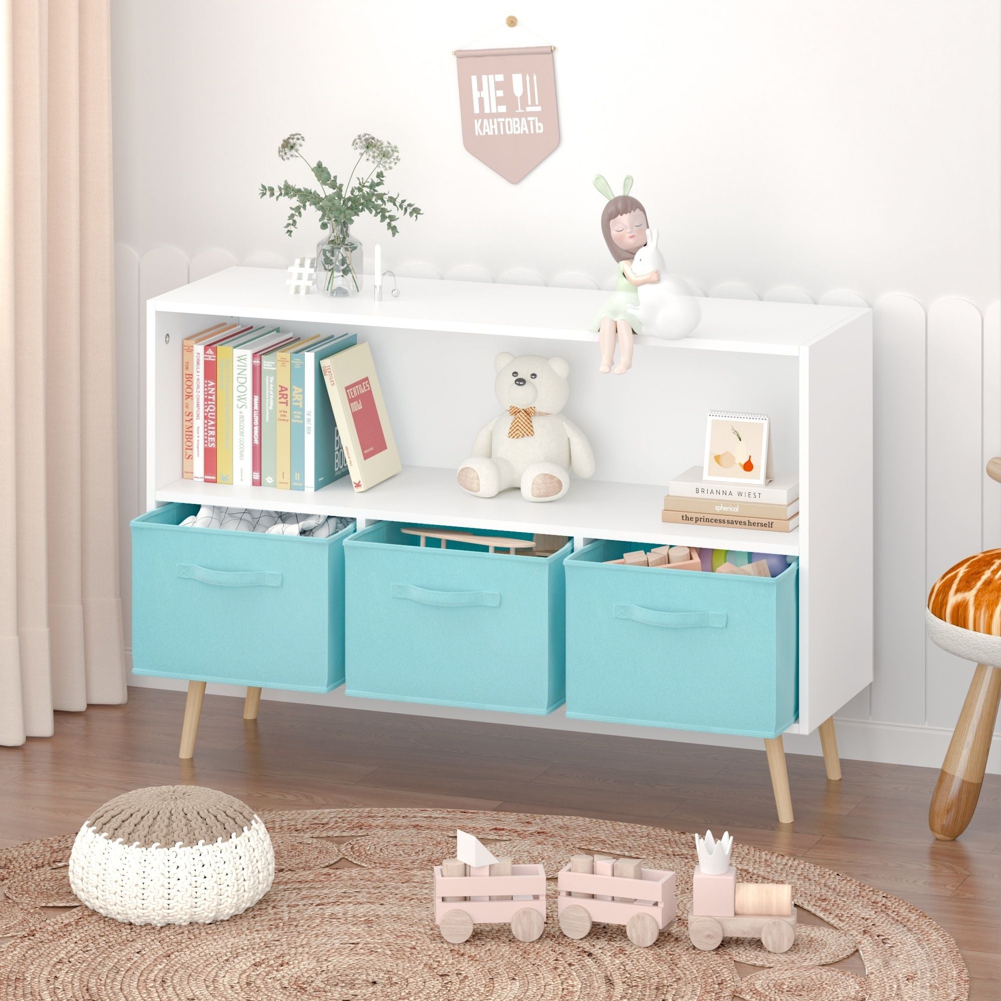Bookcase With Collapsible Drawers, Book Display Storage Cabinet Organizer - White / Blue