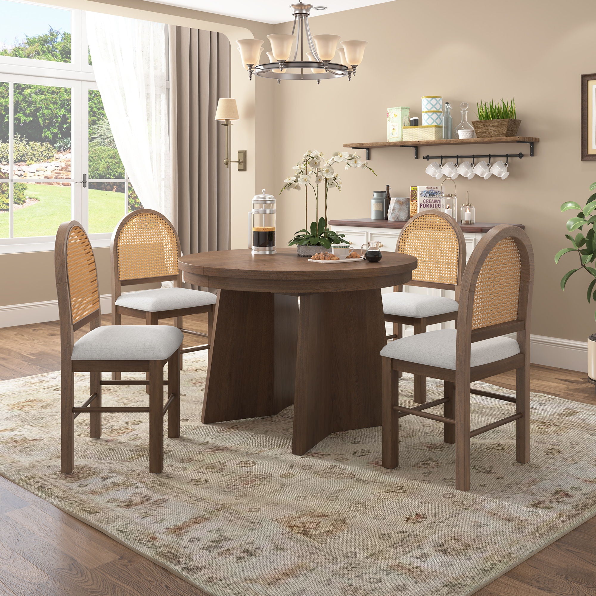 Extendable Round Dining Table Set For 4 With 4 Upholstered Chairs - Beige / Walnut