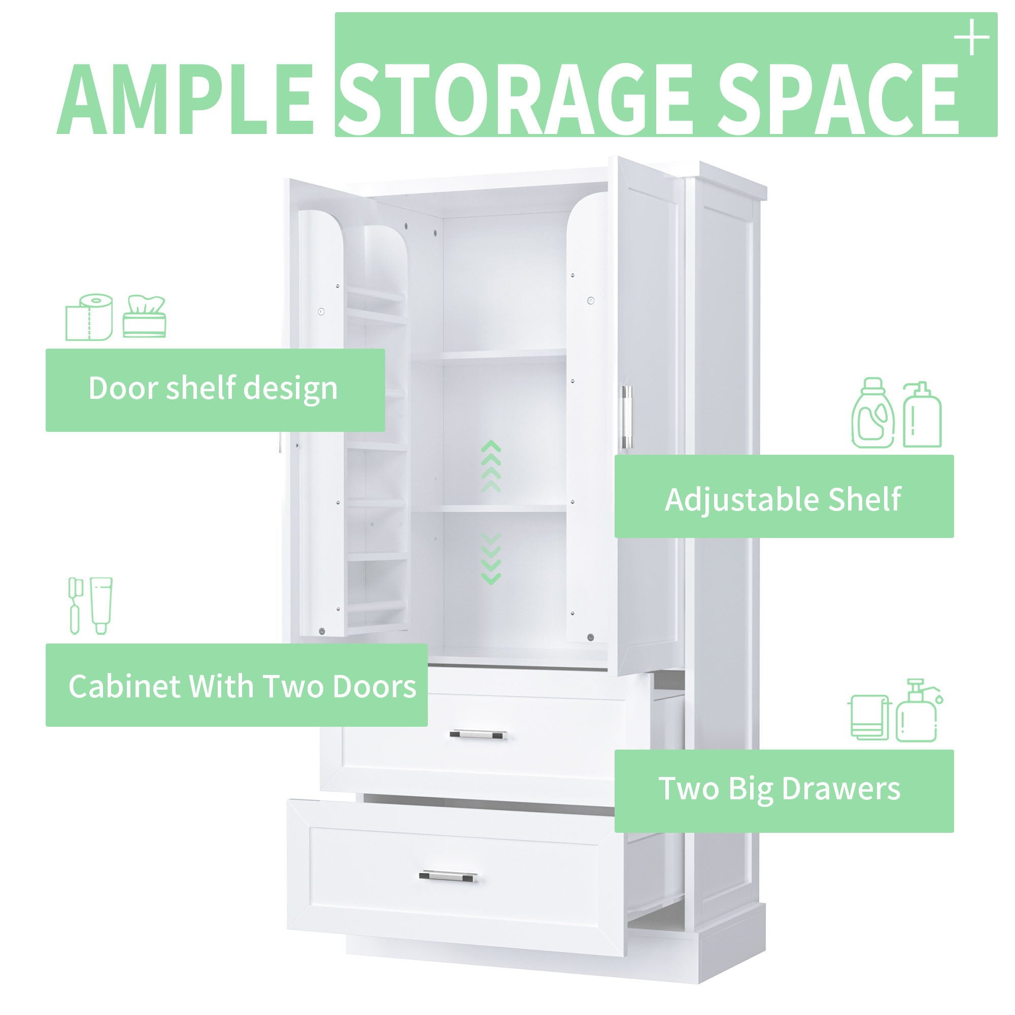 Tall Bathroom Storage Cabinet With 2 Doors And Drawers, Adjustable Shelf