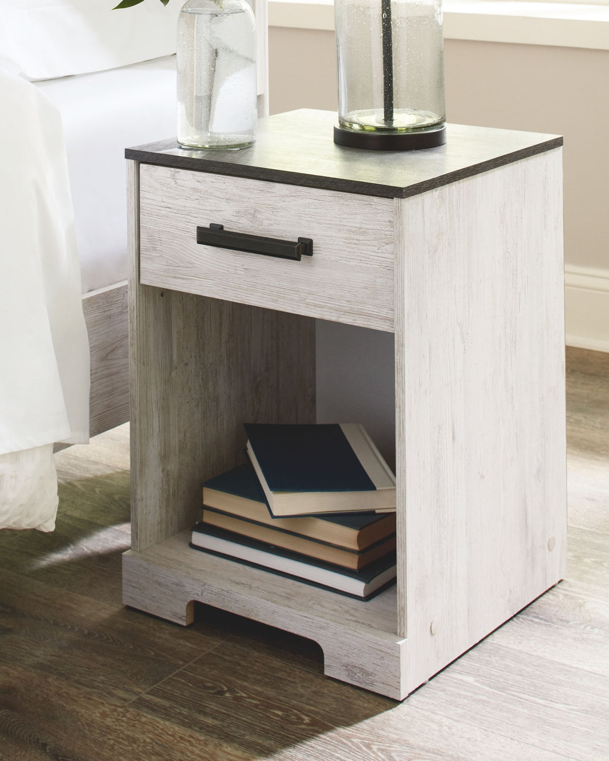 Shawburn - One Drawer Night Stand - Whitewash / Charcoal Gray