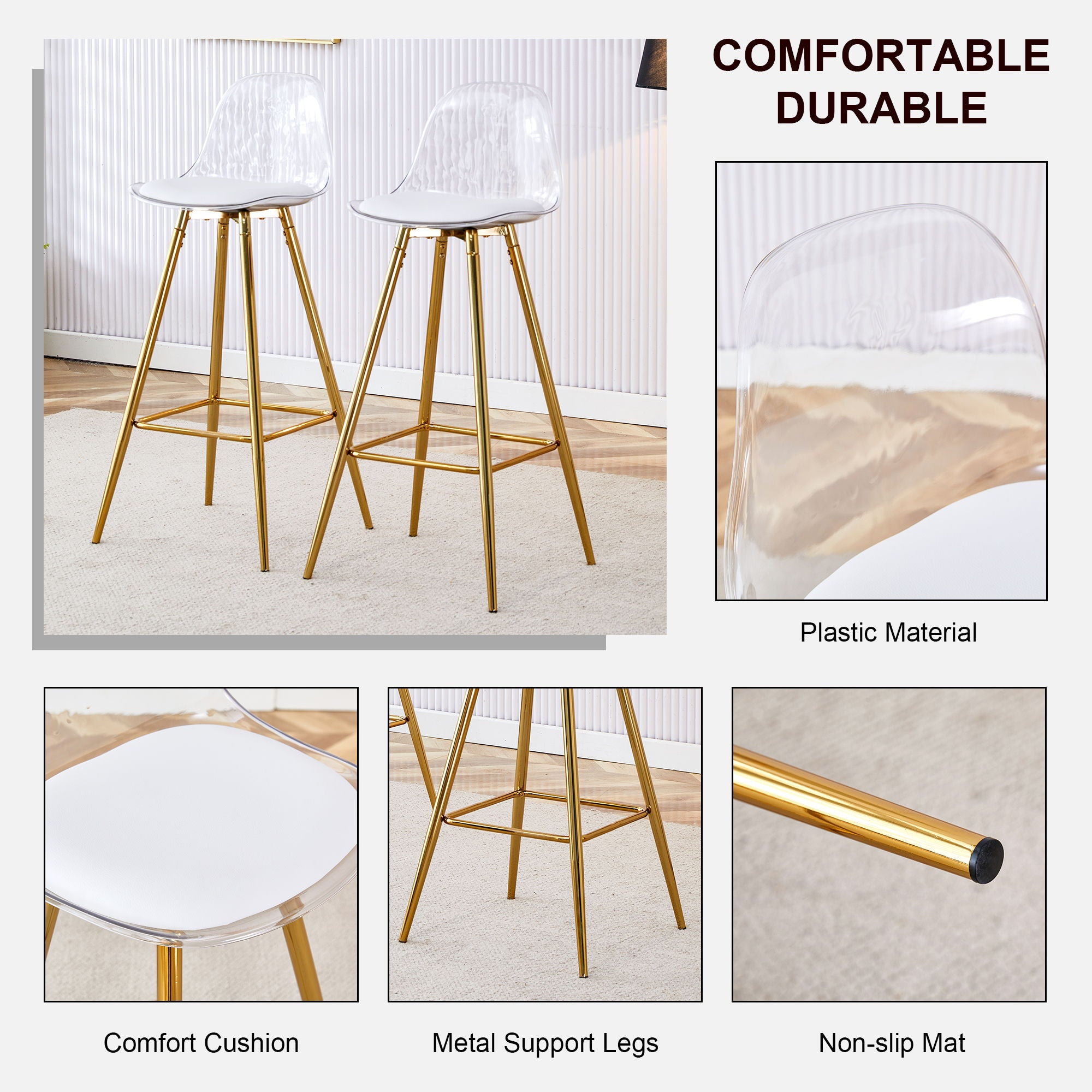 Stylish Upholstered Bar Chairs With Metal Legs For Dining Room Kitchen And Terrace - White / Gold