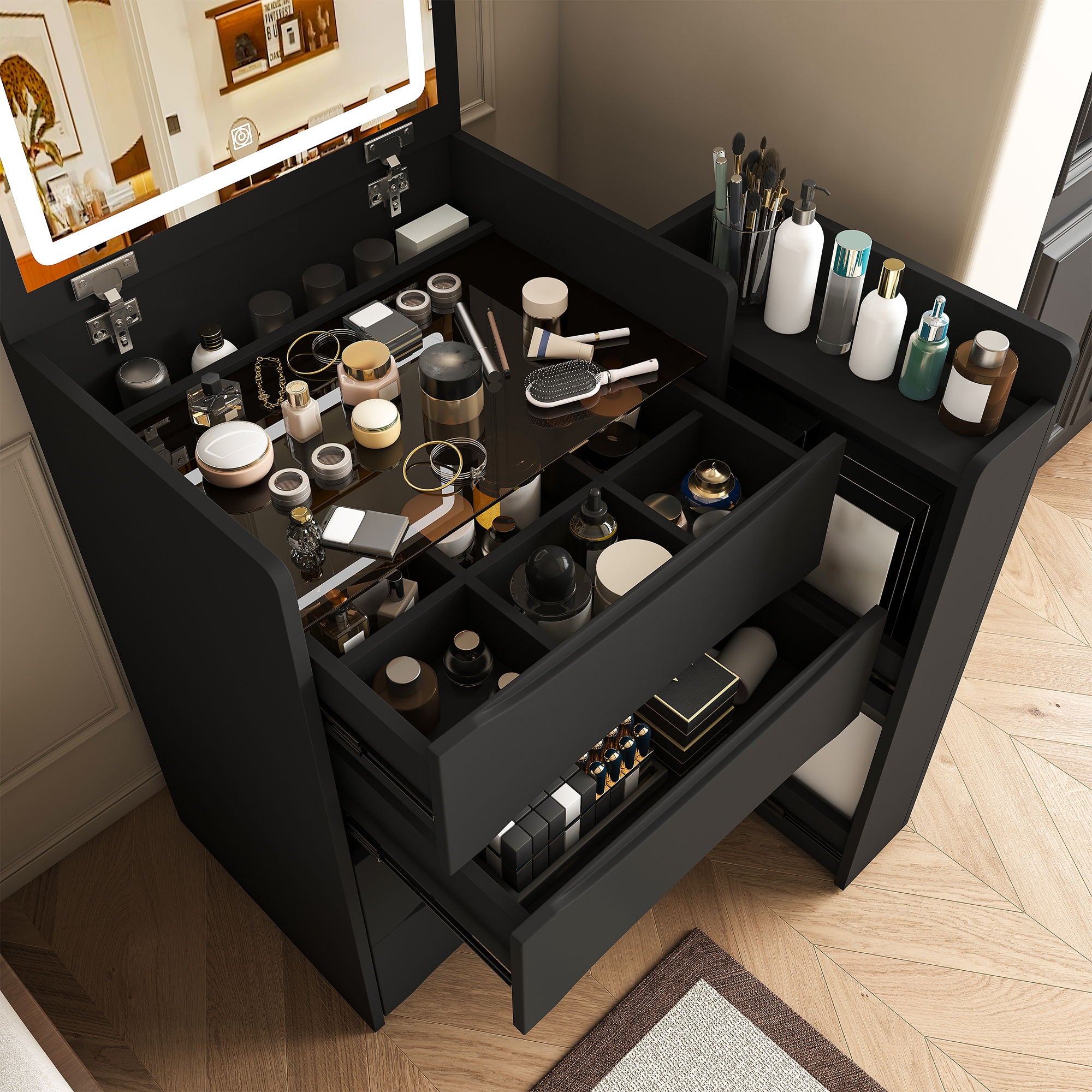 Flip Mirror Vanity Desk With Adjustable LED Lights & Stool For Bedroom