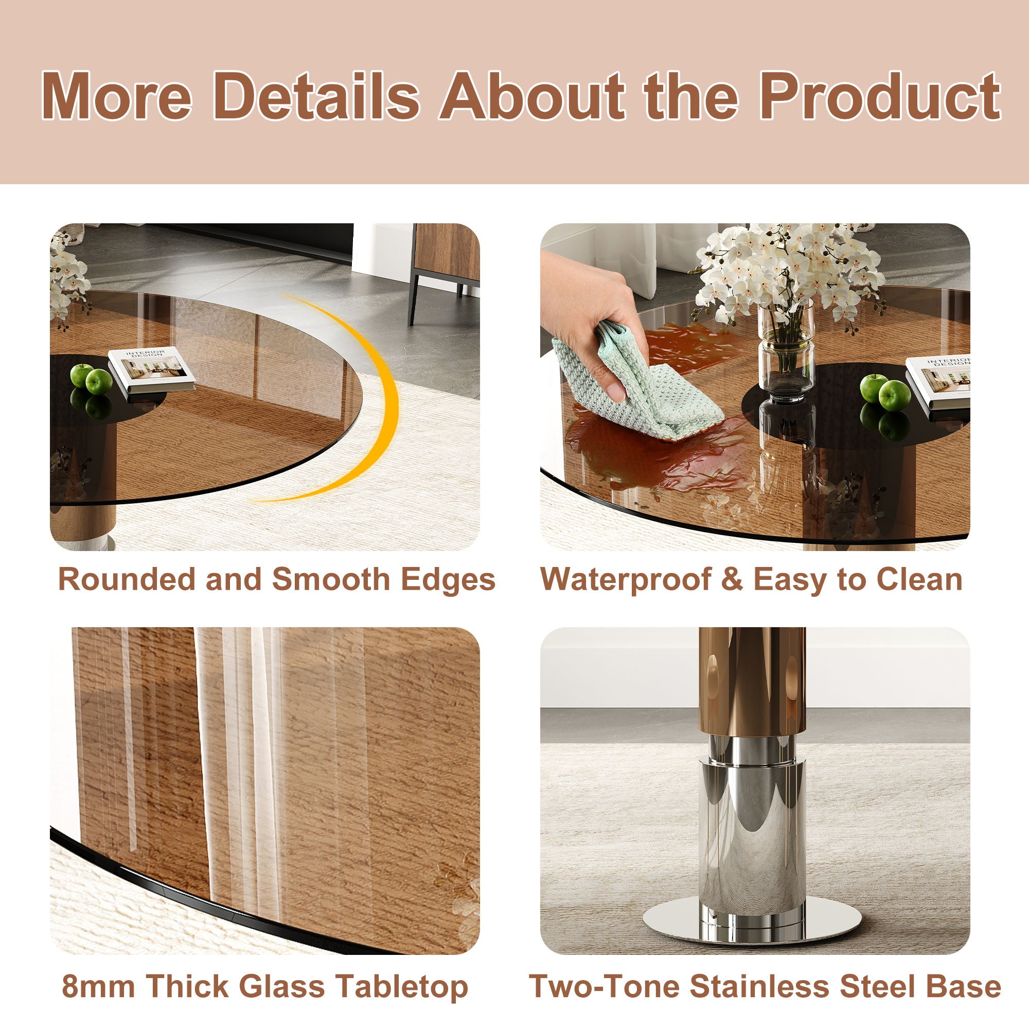Round Dining Table / Tempered Glass Top - Brown