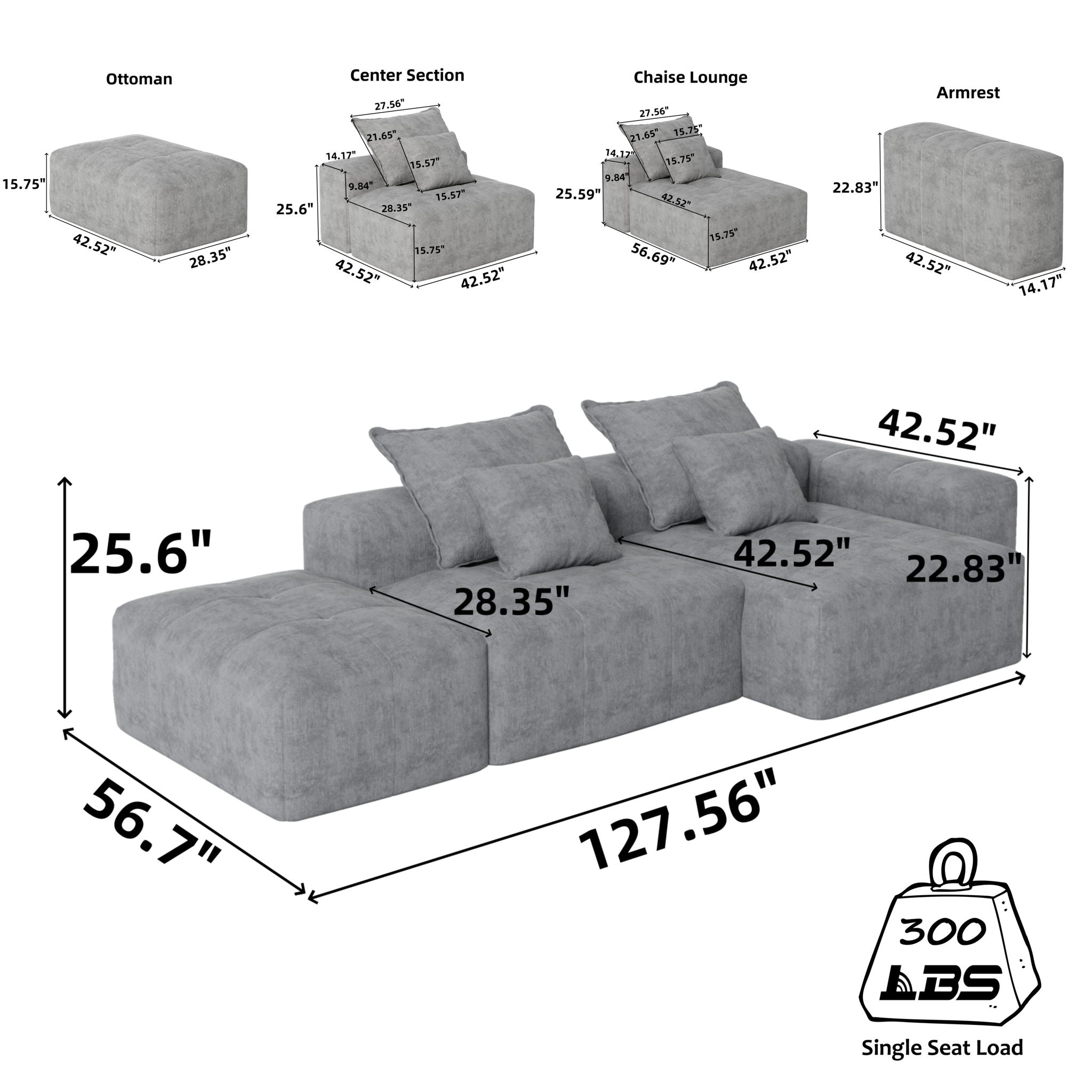 Modern Oversized Diy Combination Modular Sectional Sofa & Pillows