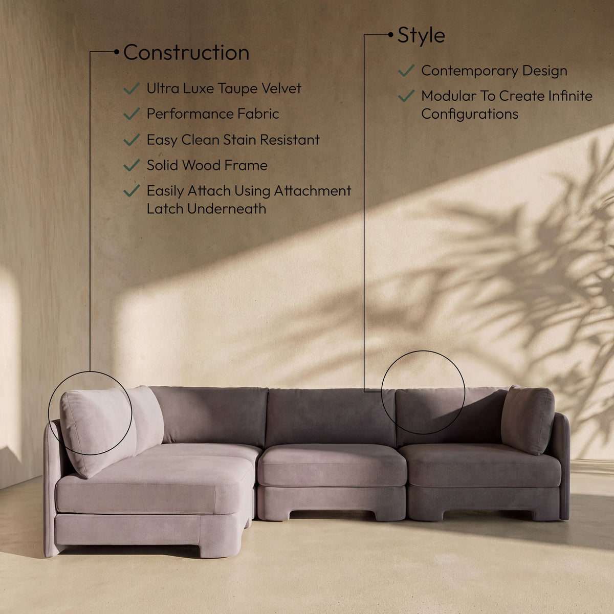 Hammond - Velvet Performance Fabric Upholstered 4 Piece Armless Sectional