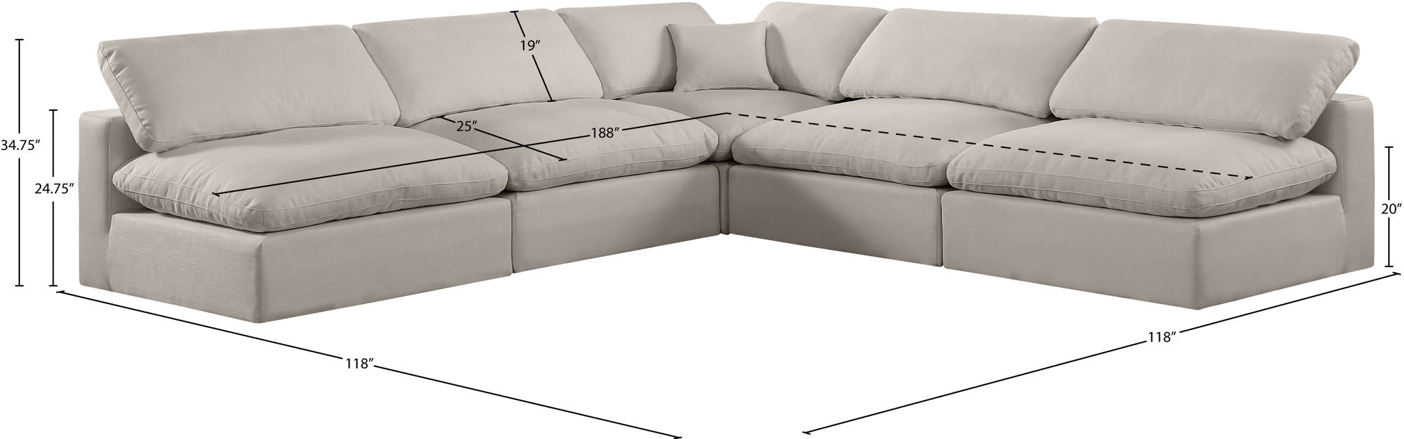 Comfy - 5 Piece Linen Modular Corner Armless Sectional