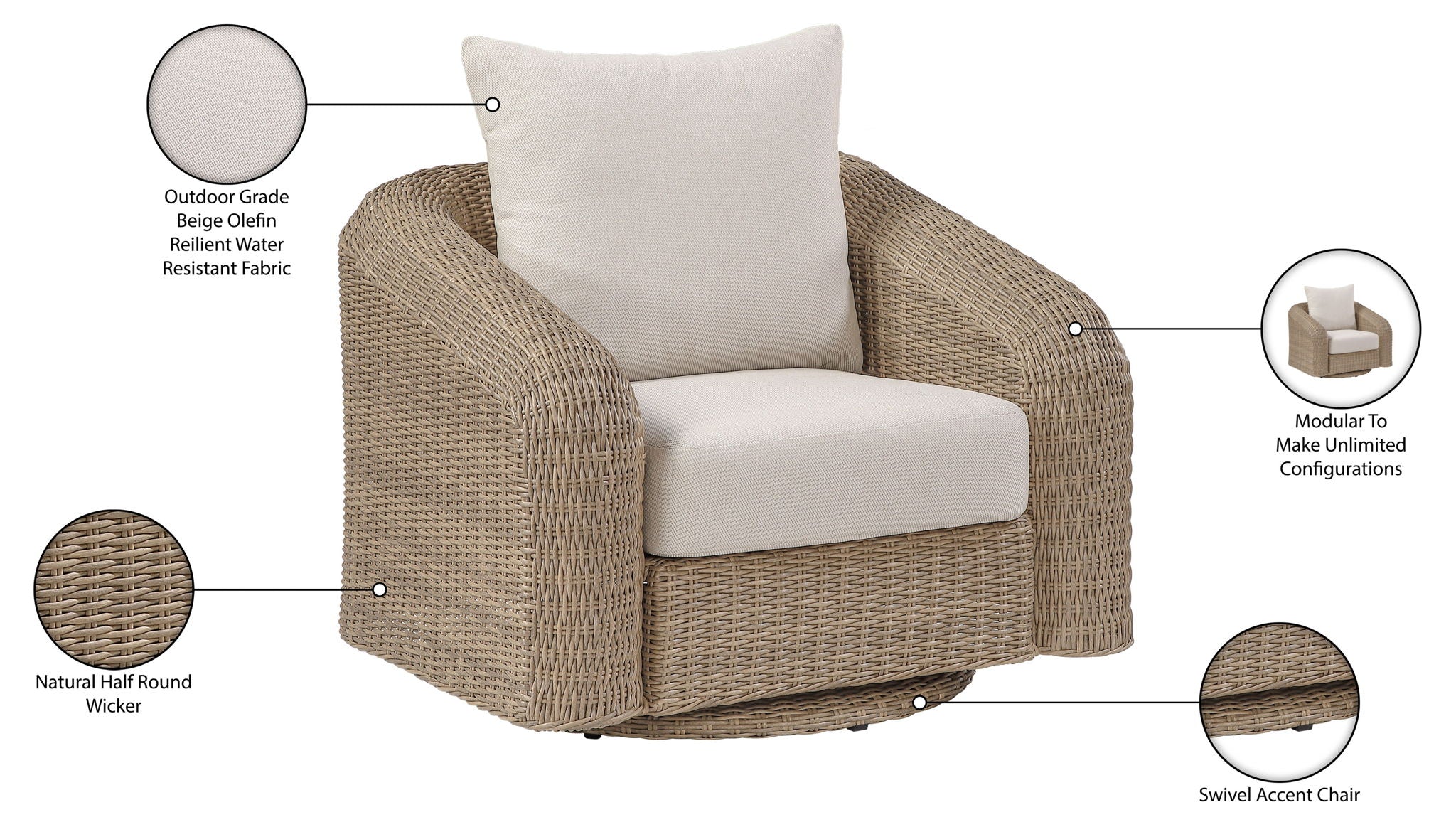 Seacrest - Olefin Water Resistant Fabric And Wicker Outdoor Patio Swivel Chair
