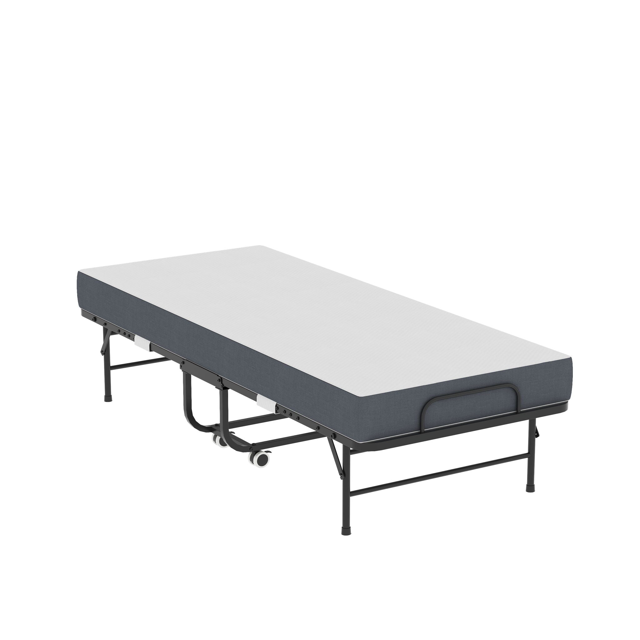 Twin Folding Bed With Memory Foam Mattress, On Wheels, Portable Bed For Adults & Guests - Black
