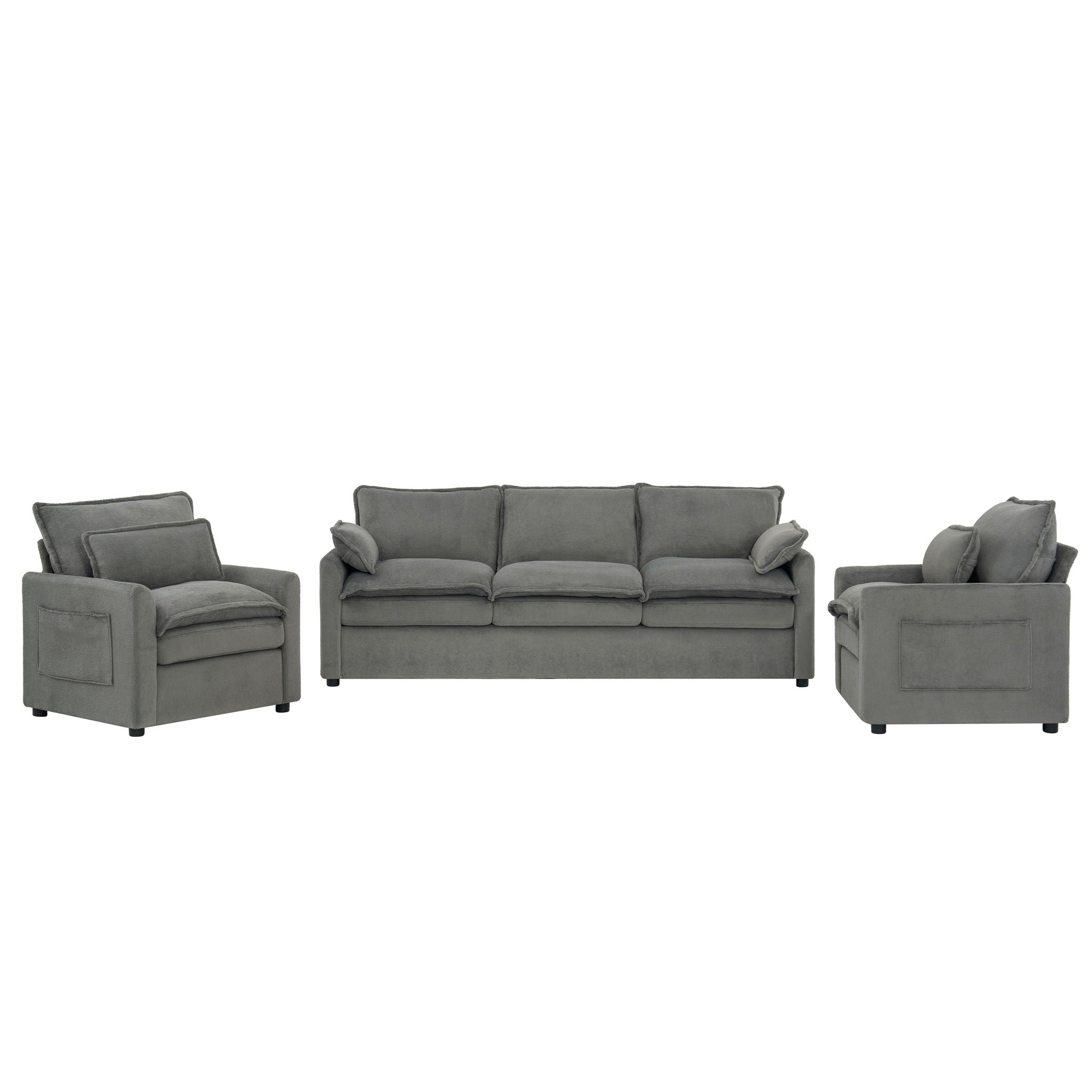 Modern Sofa Set With Double Layer Cushion And Side Storage Pockets