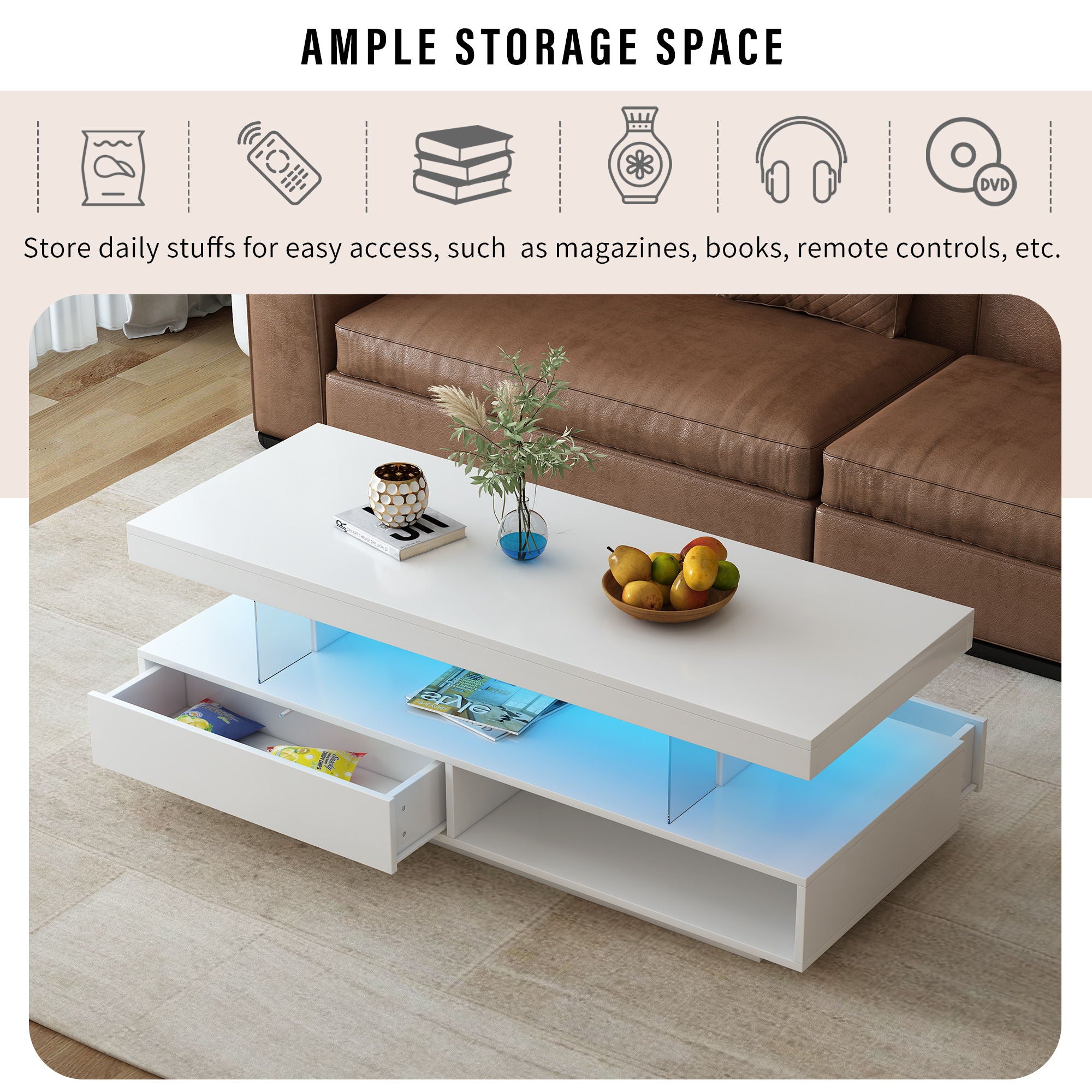 LED Coffee Table With Storage, Modern Center Table With 2 Drawers And Display Shelves, Accent Furniture With LED Lights For Living Room - White