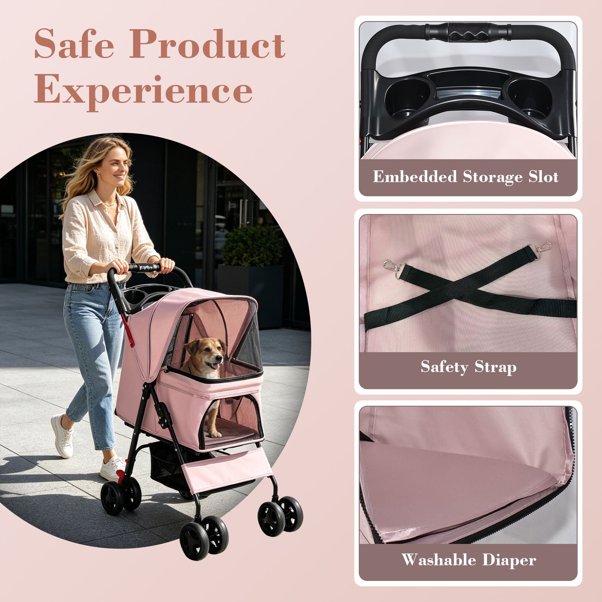 Foldable Pet Stroller For Small Dogs And Cats With Multi Functional Tray