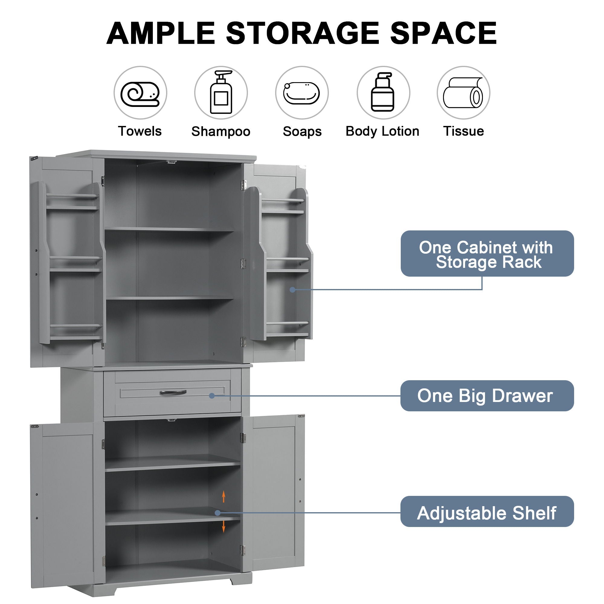 Bathroom Storage Cabinet With Doors And Drawer, Adjustable Shelf