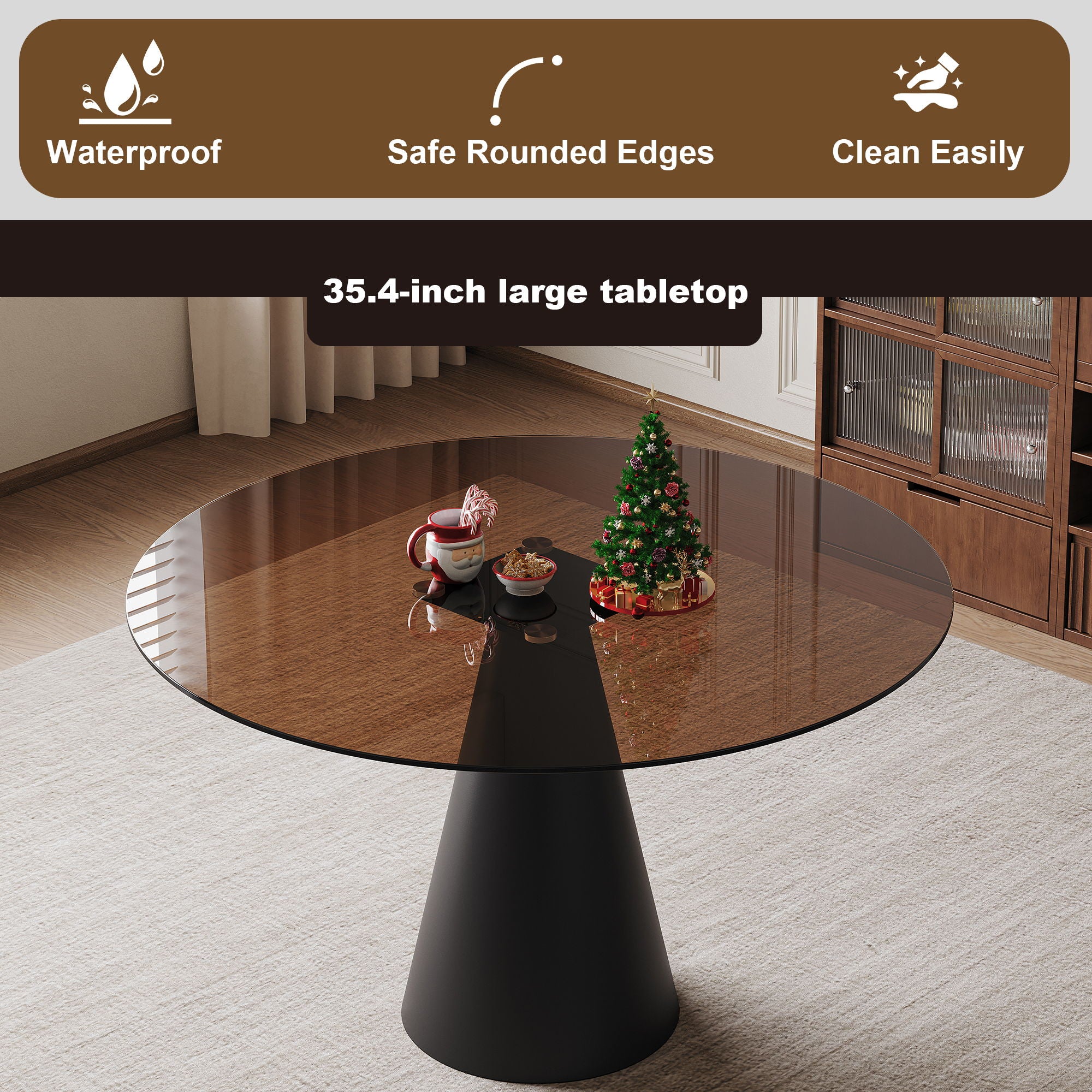Round Dining Table & Tempered Glass Top - Black / Brown