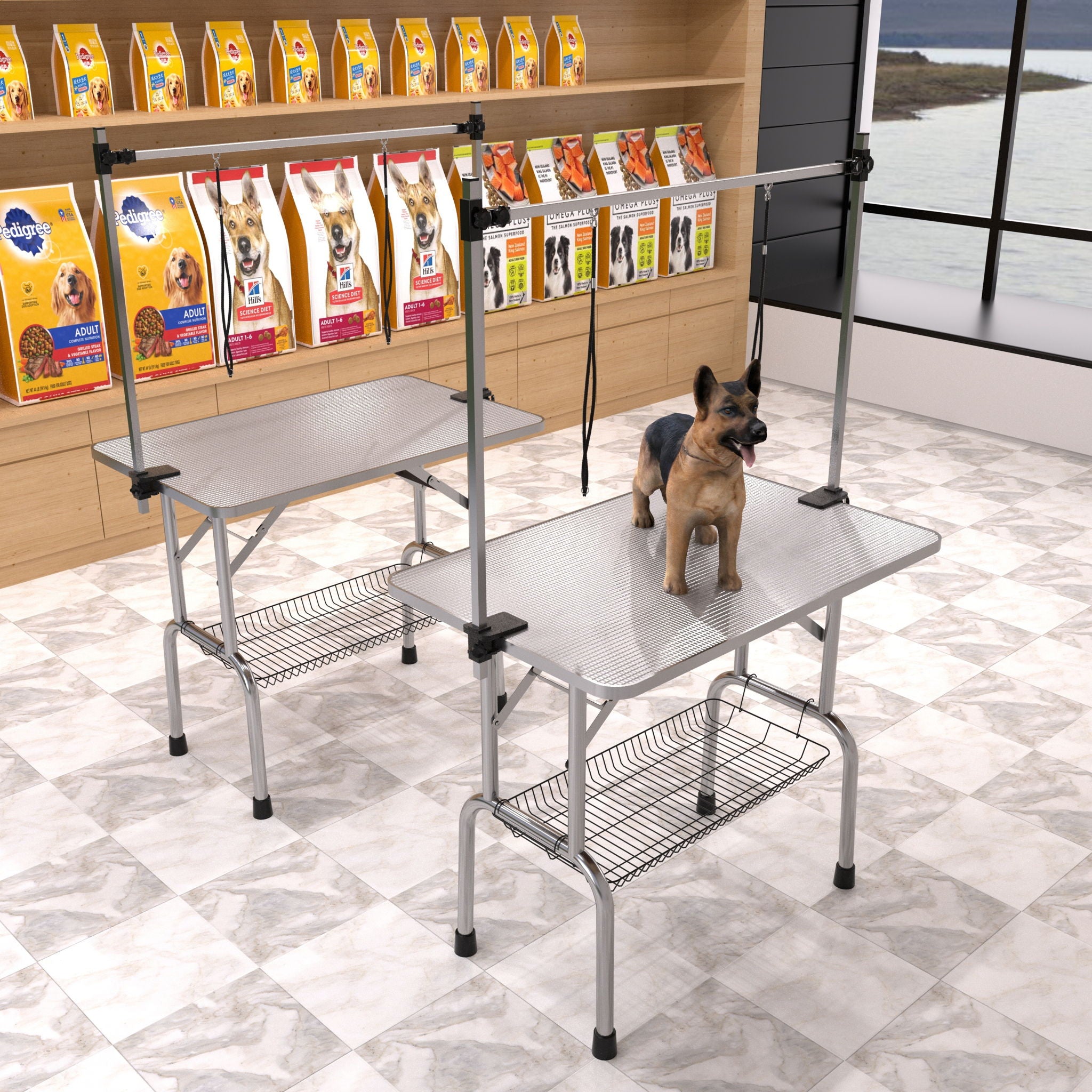 Folding Dog Pet Grooming Table Stainless Steel Frame Rubber Mat On Board With Adjustable Arm And Clamps Pet Dog Cat Grooming Table