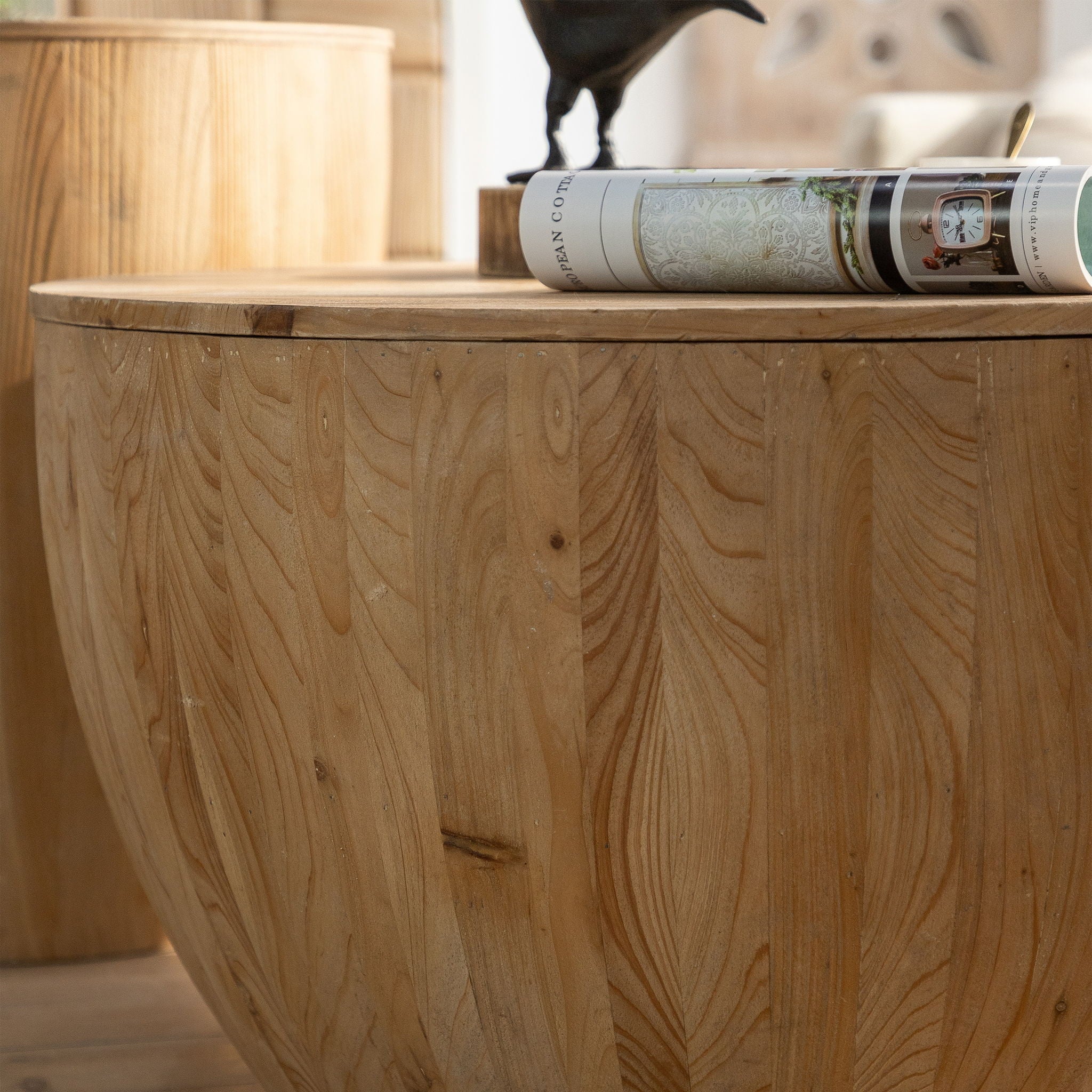 Barrel Coffee Table With Storage For Living Room - Natural