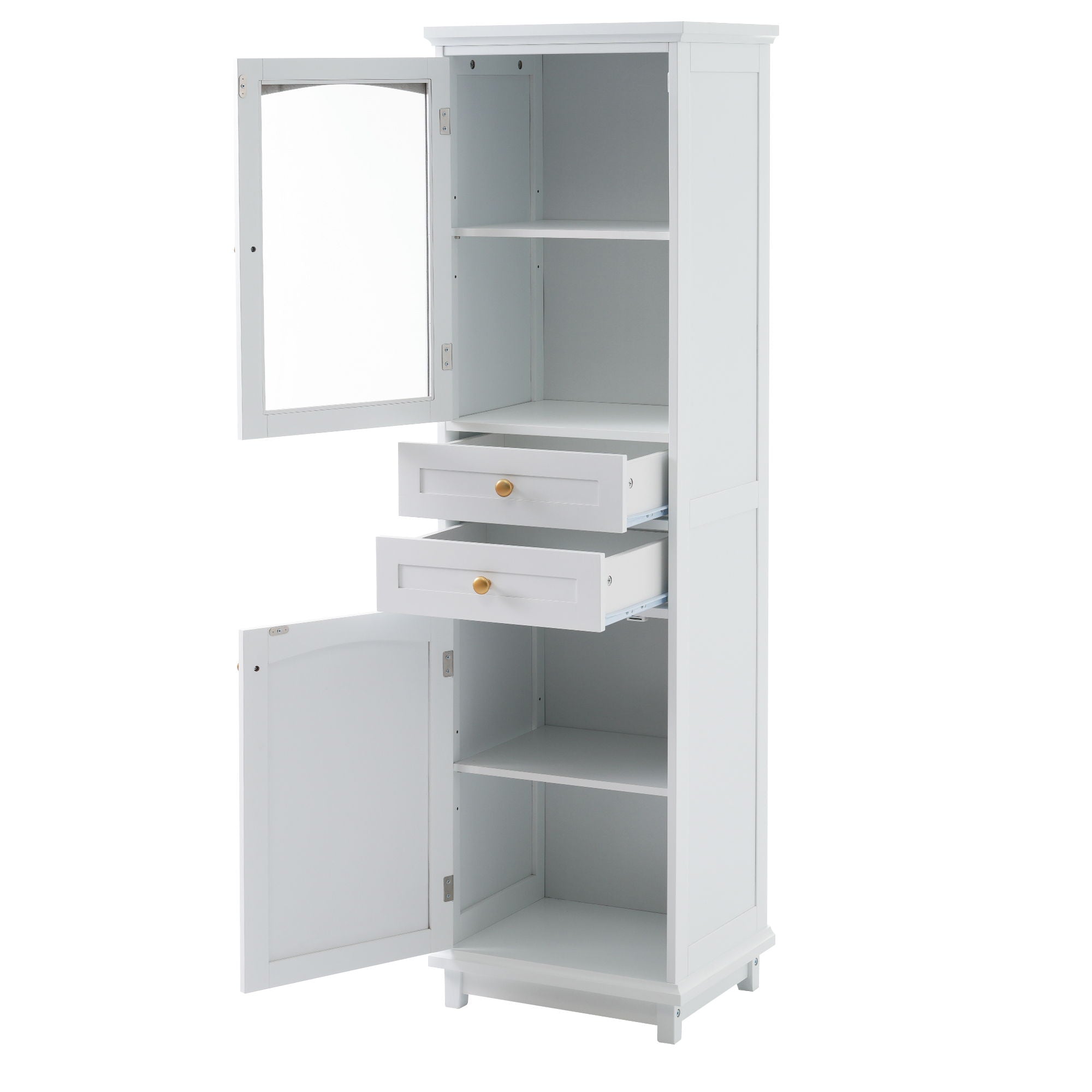 Tall Bathroom Storage Cabinet With Glass Doors, Free-Standing, Two Drawers, And Adjustable Shelves, Board, Painted Perfect For Displaying Your Favorite Items