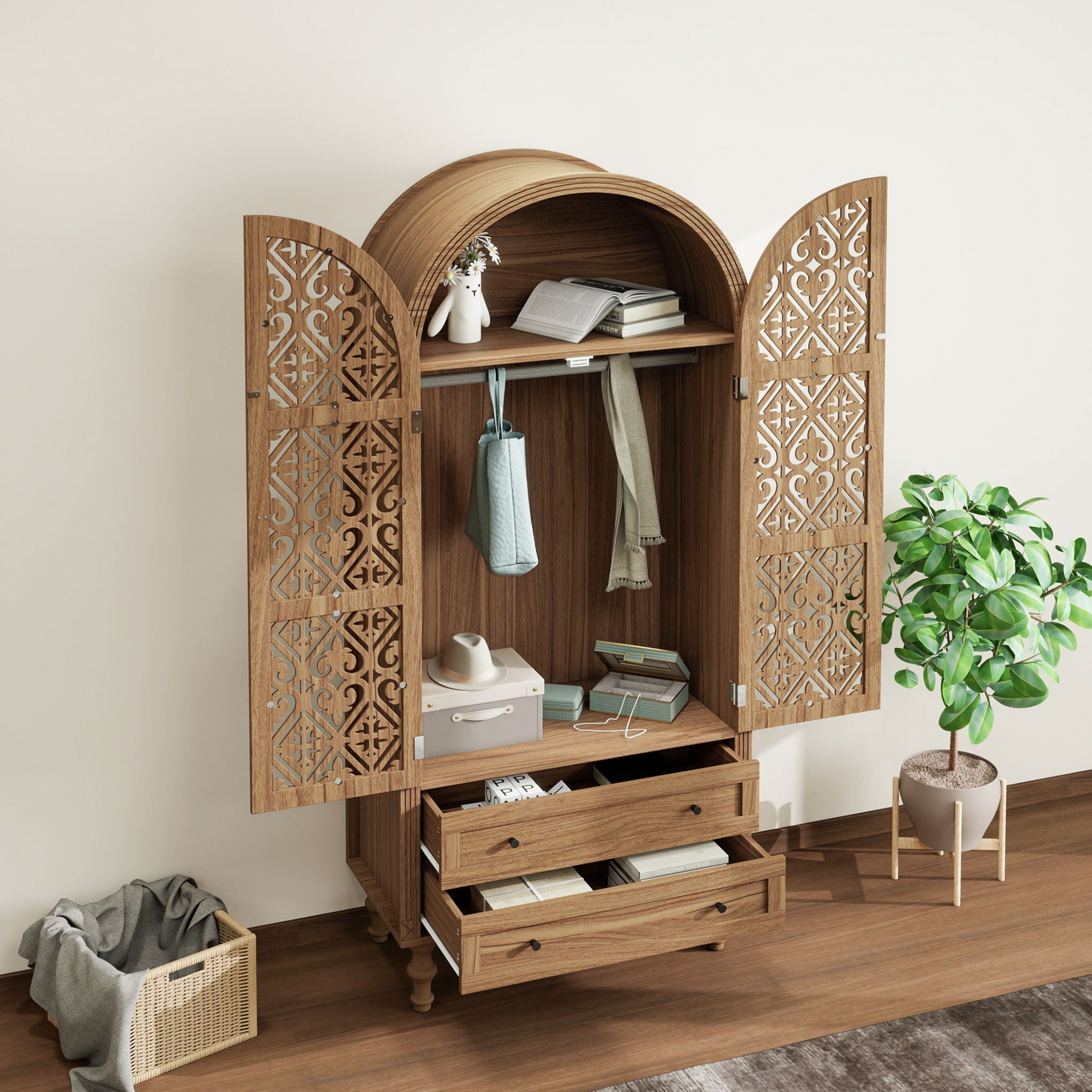 Tall Kitchen Pantry Cabinet With Hollow Carved Doors 2 Drawers And Adjustable Shelves Storage Display Cabinet For Kitchen Dining Room Or Living Room - Walnut