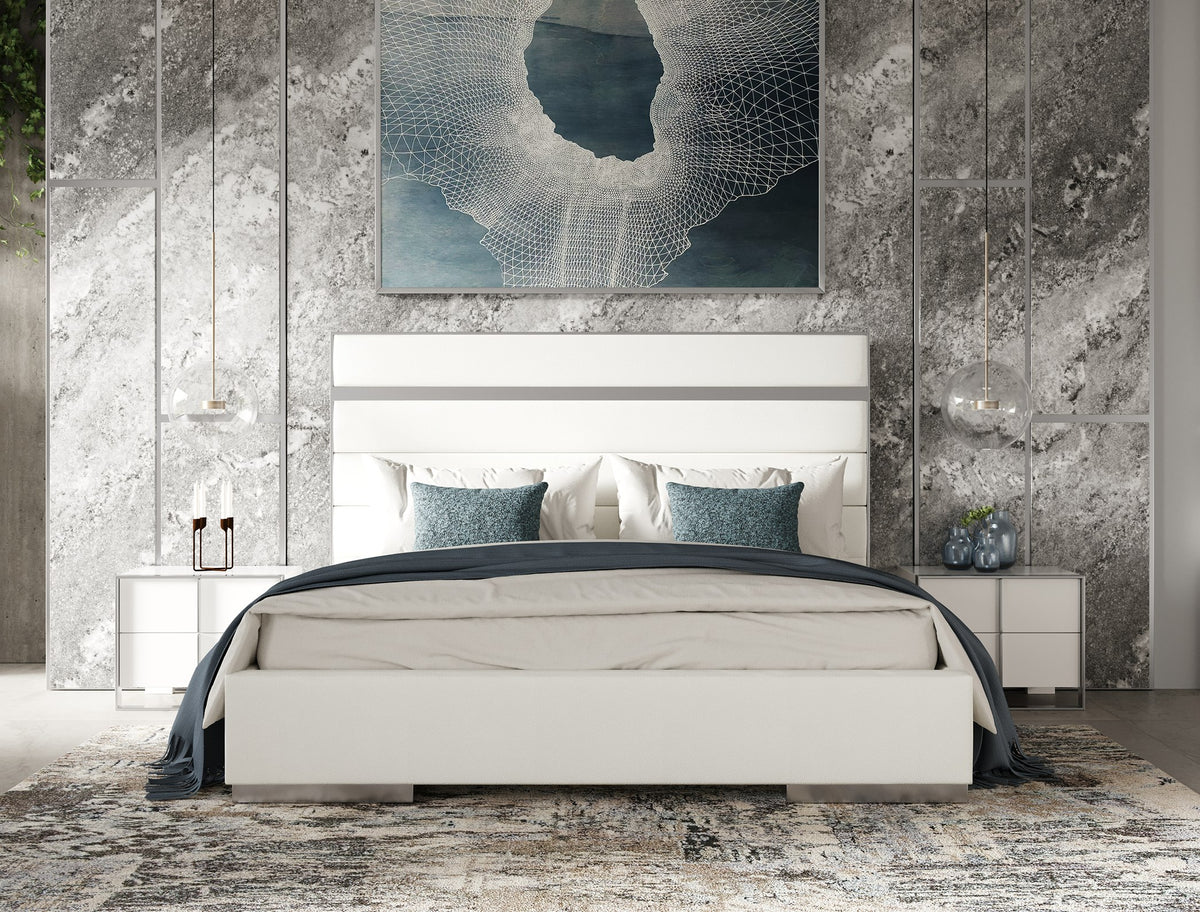 Cartier - Modern White Vegan Leather + Stainless Steel 4-Piece Bedroom Set