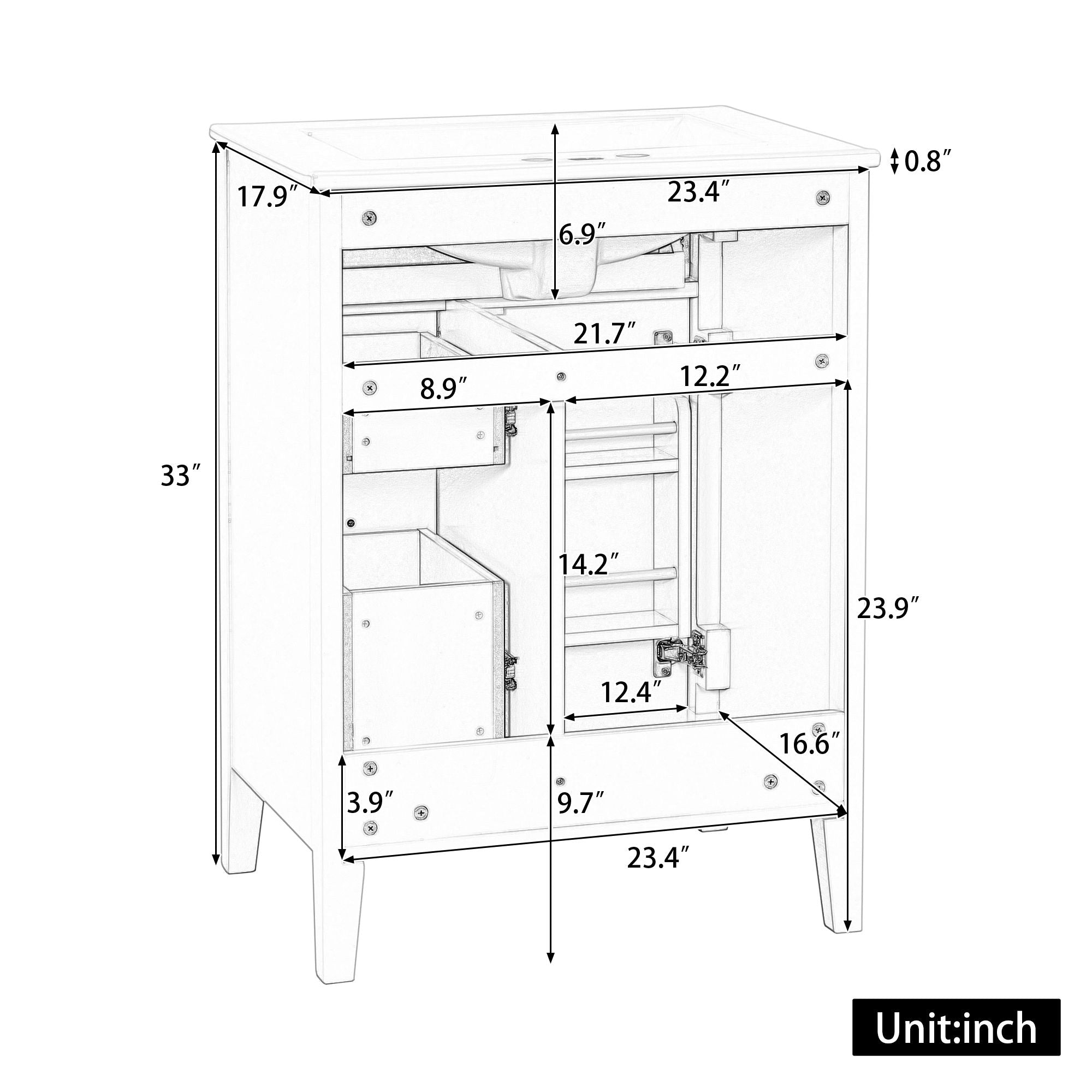 Bathroom Vanity With Sink, 3 Drawers & Cabinet With 2 Tier Door Storage Rack, Soft Close Doors & Drawers