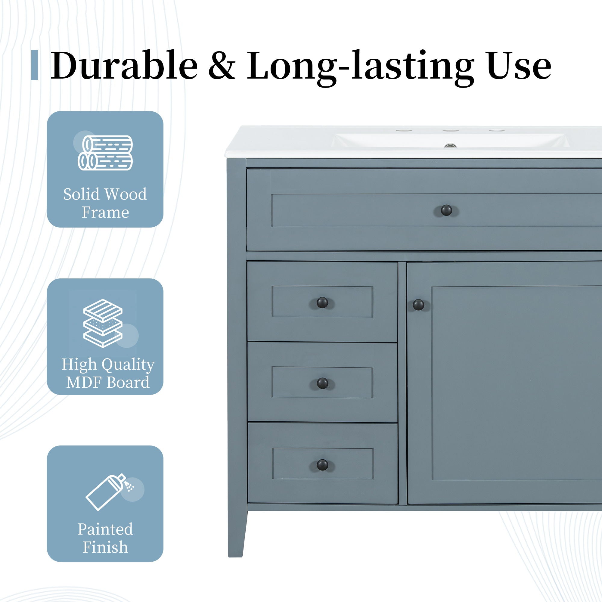 Bathroom Vanity With Sink, 3 Drawers & Cabinet With Adjustable Shelves