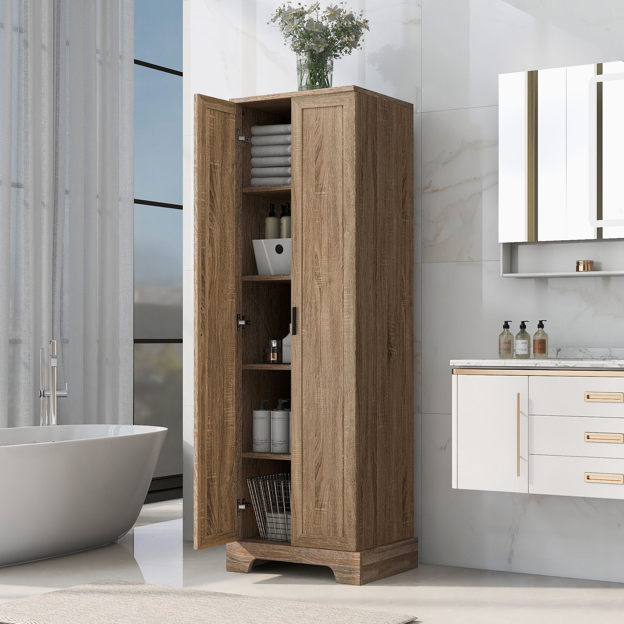Storage Cabinet With Adjustable Shelves, 2 Doors, Rectangle Design For Bathroom