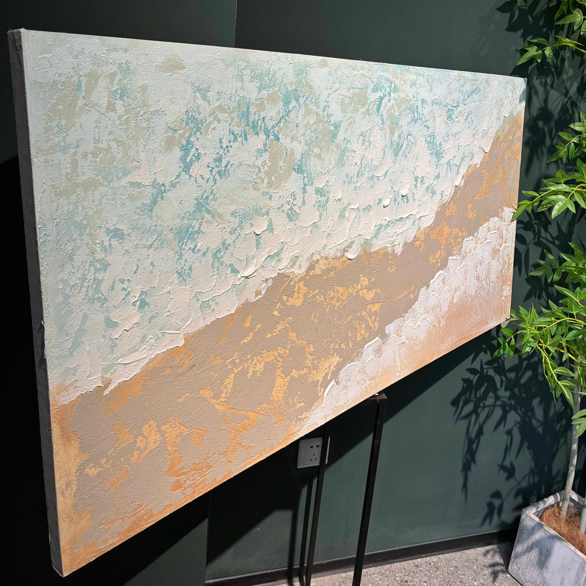 Neutral Beach Landscape Canvas Wall Art, Hand Painted Thick Textured Painting, Decor For Living Room - Beige / Blue