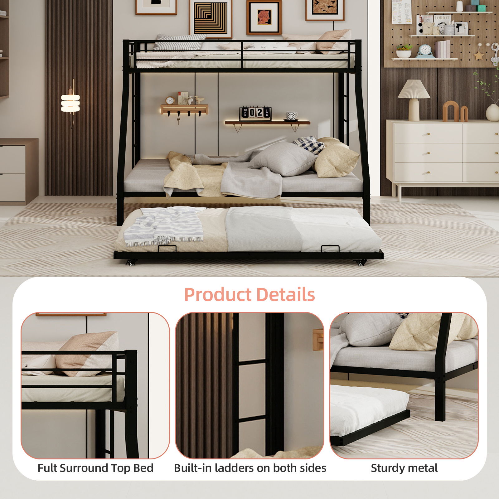 Bunk Bed For Kids, Convertible Frame With Ladders & Guardrail